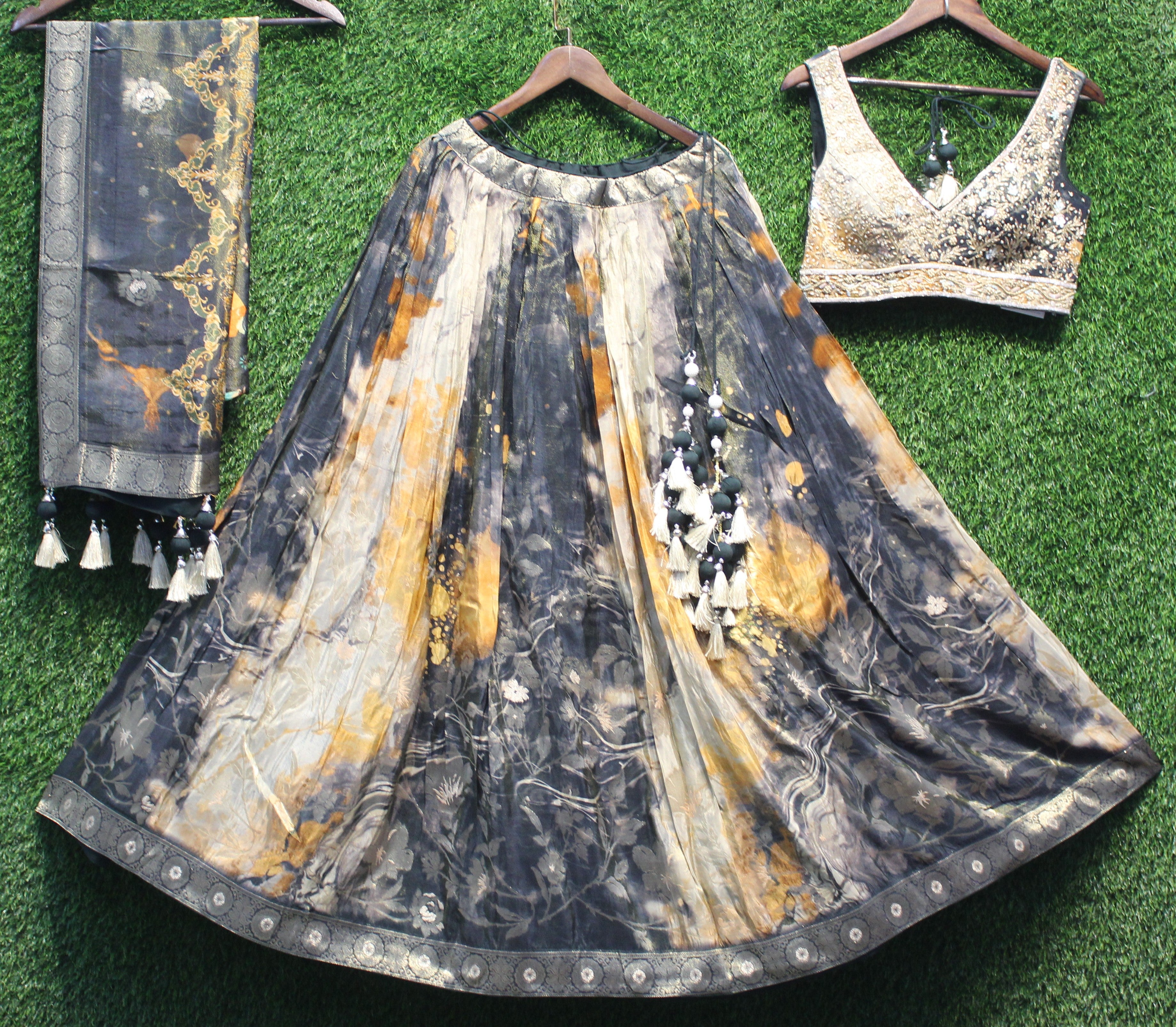 Black–Golden Abstract Print Designer Lehenga Choli