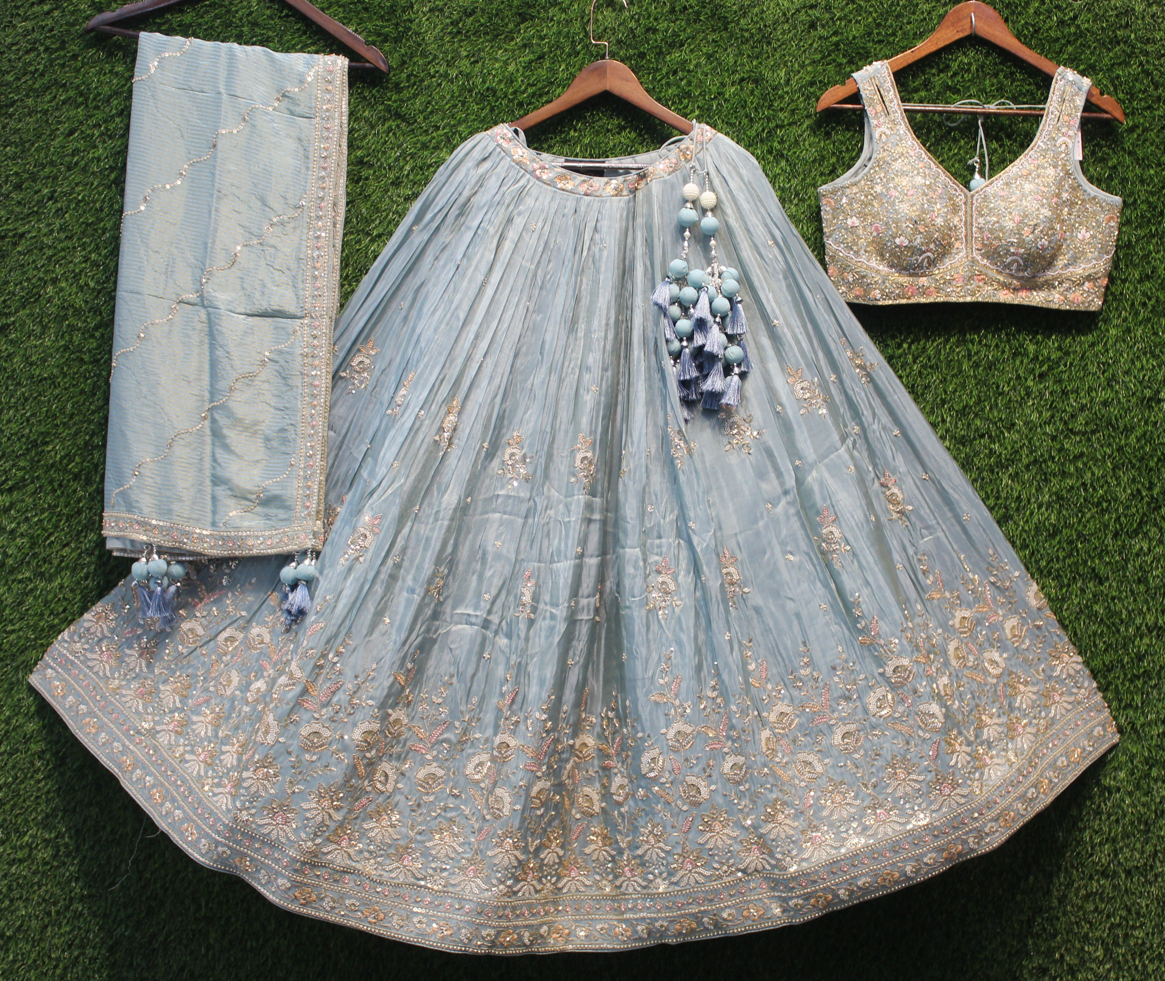 Pastel Blue Embroidered Lehenga Choli Set with Dupatta