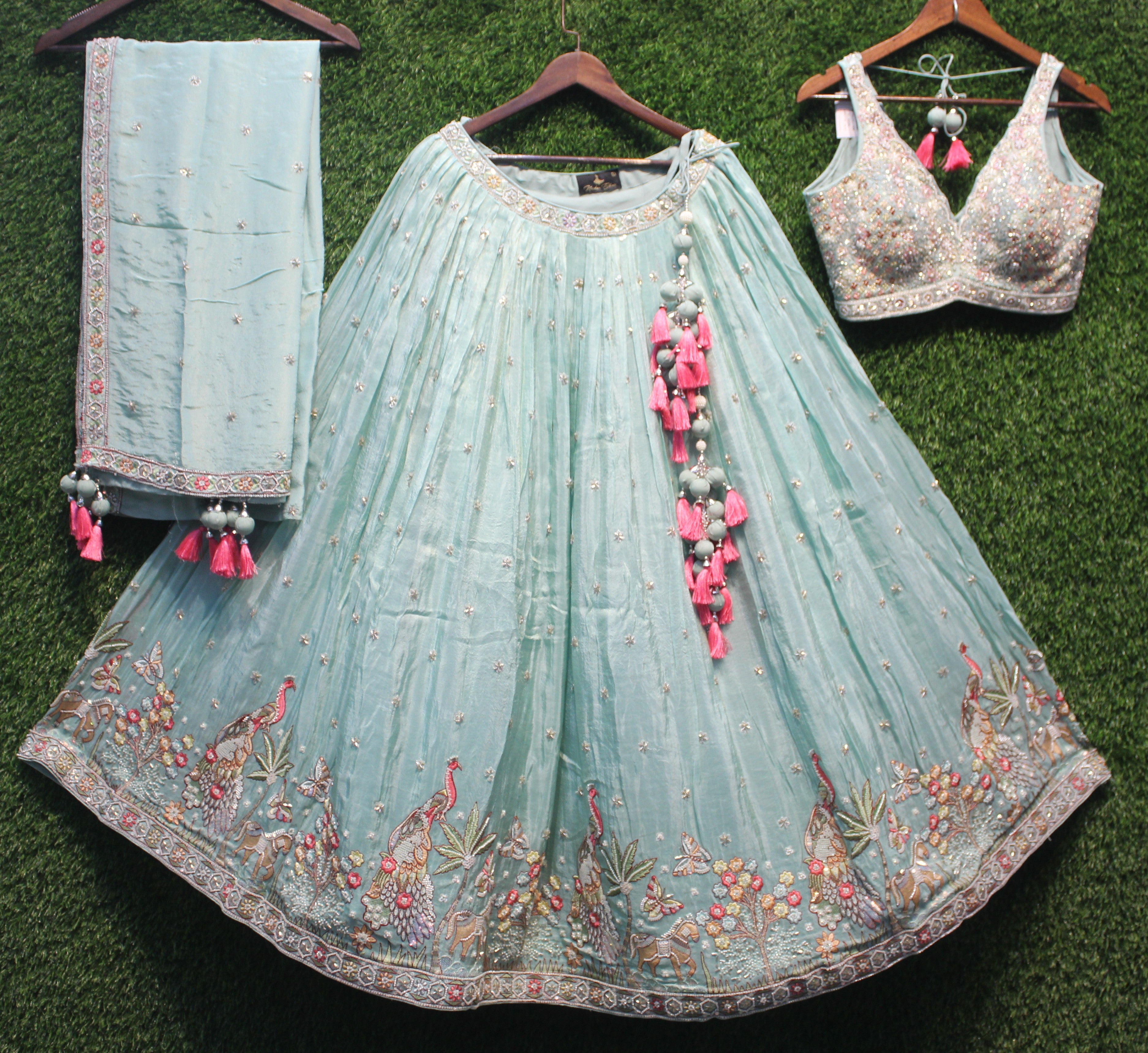 Sky Blue Heavy Embroidered Lehenga Choli Set with Dupatta