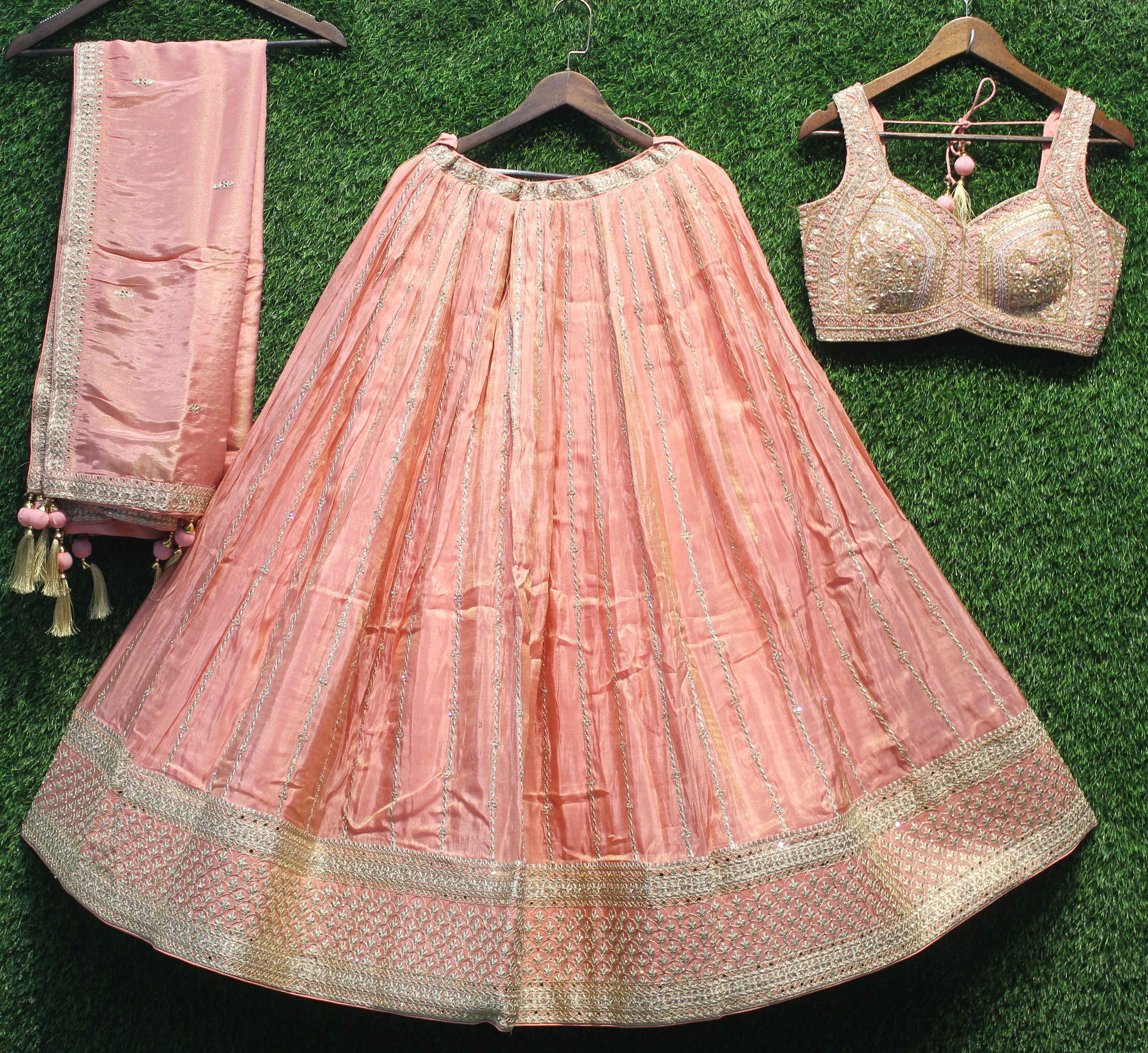 Peach Zari Embroidered Silk Lehenga Choli Set