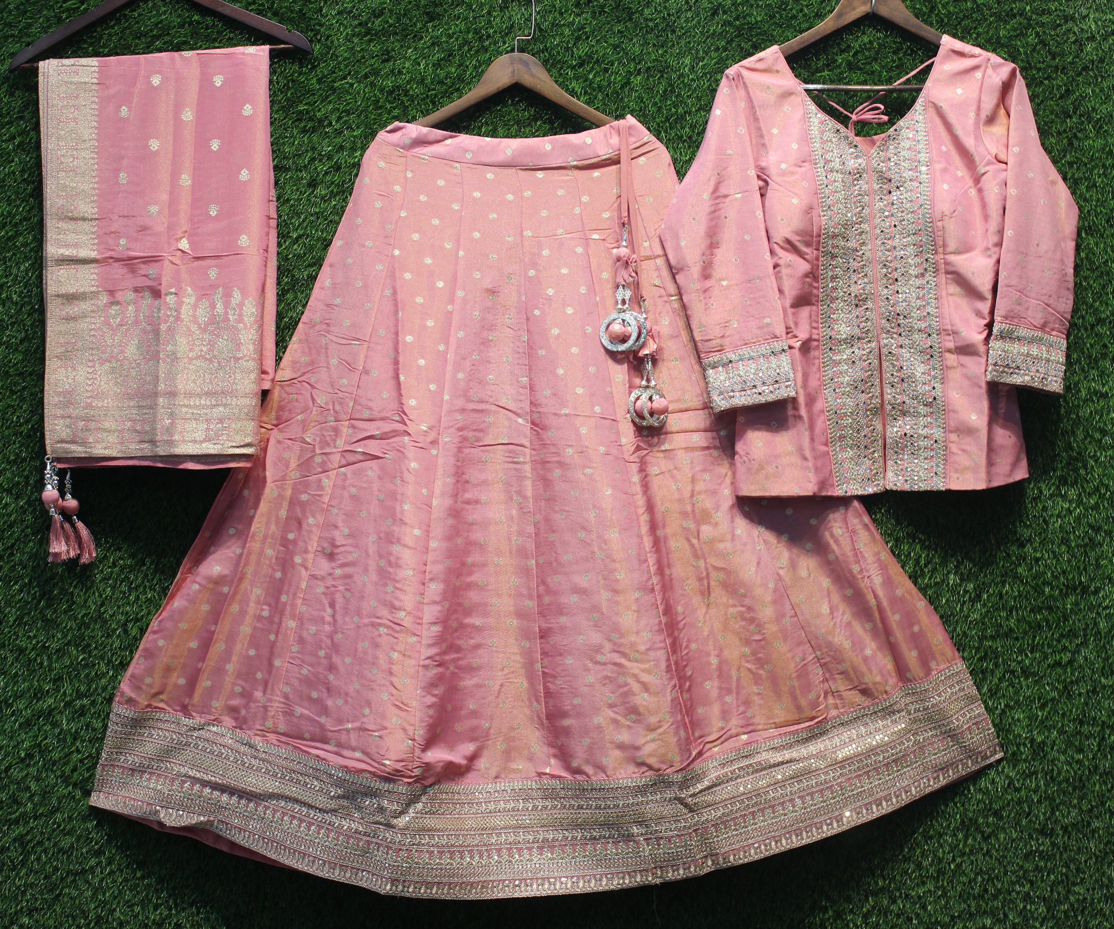 Pastel Peach Silk Weave Embroidered Peplum Chaniya Set