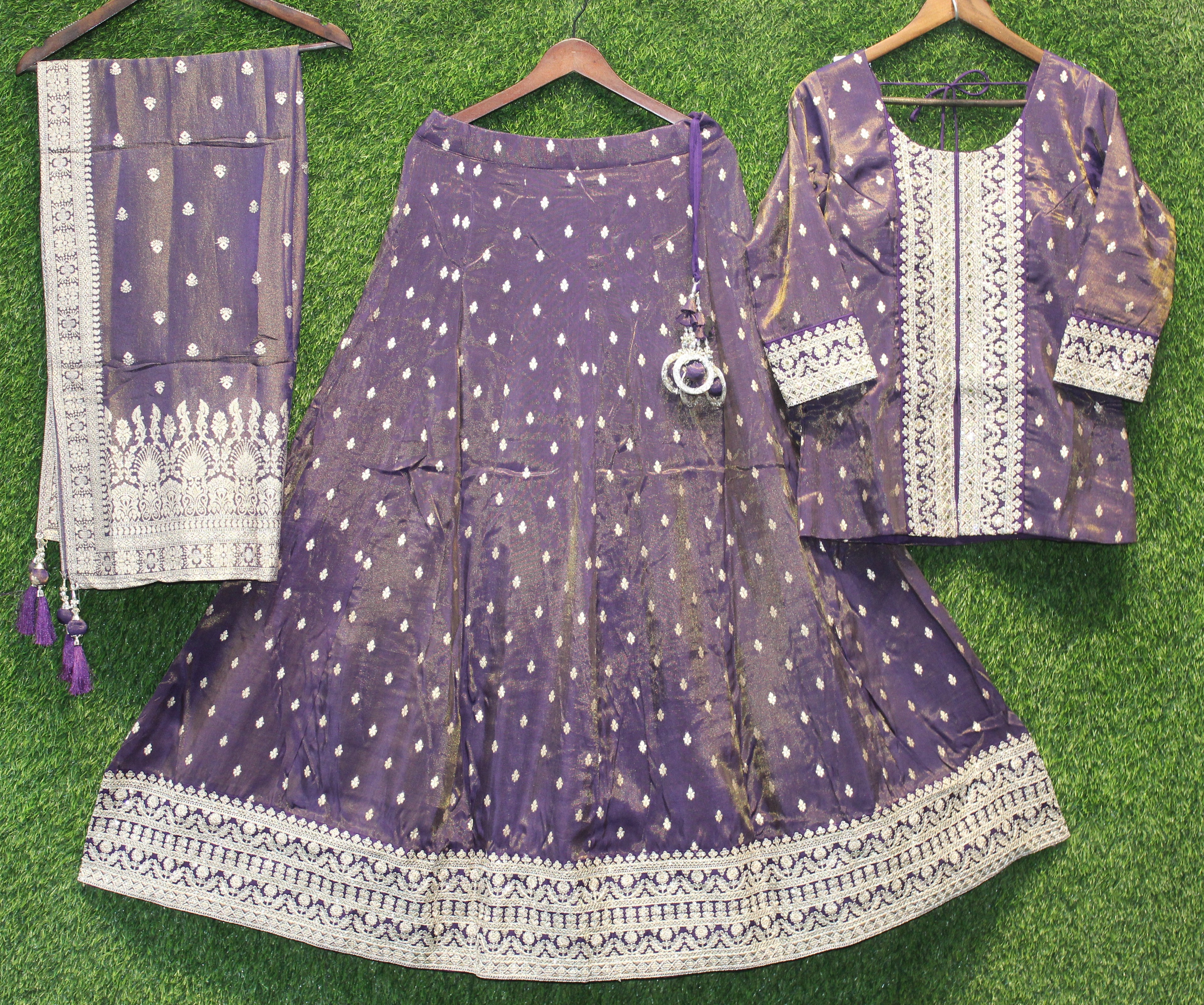 Purple Silk Weave Embroidered Peplum Chaniya Set