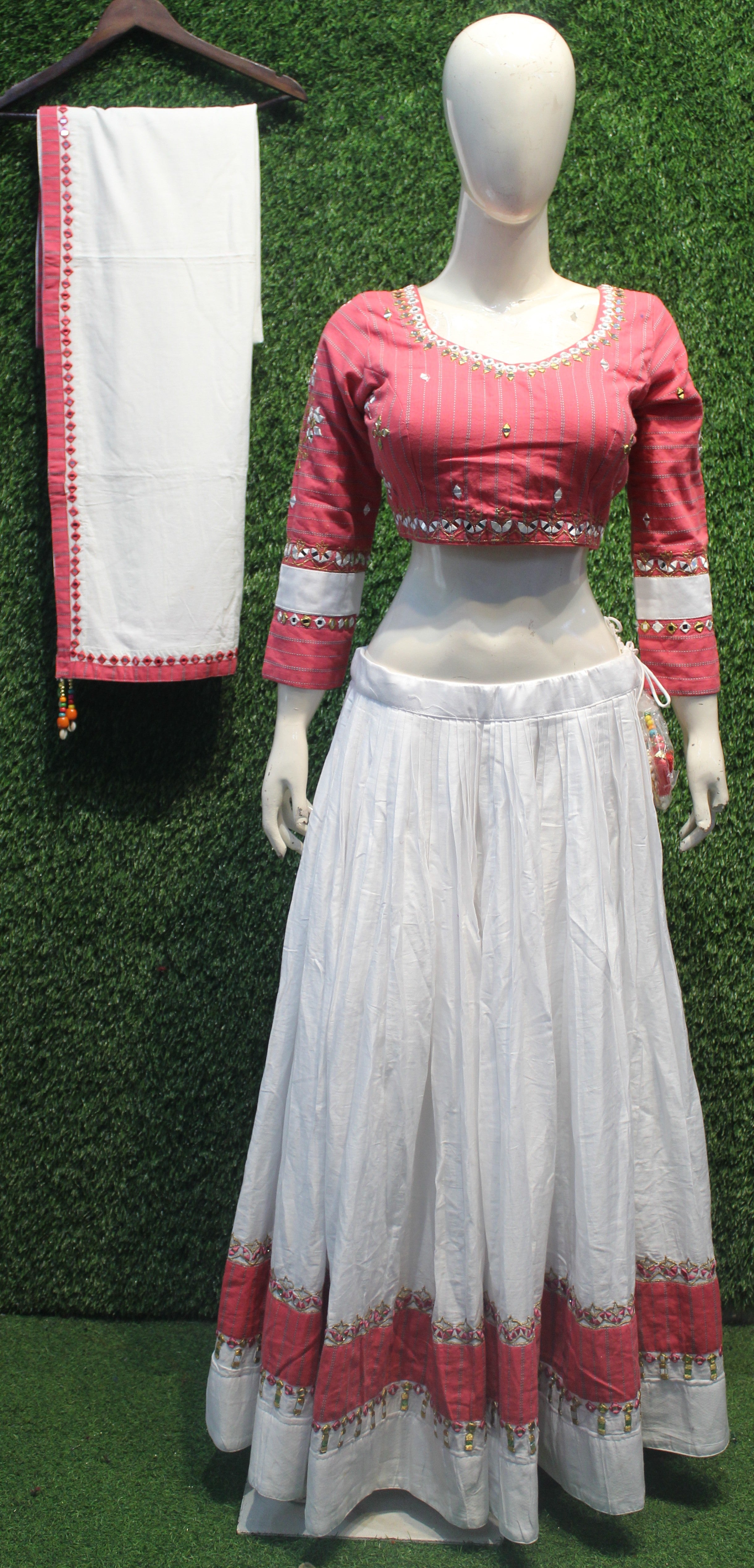 White & Pink Mirror Work Lehenga Choli Set