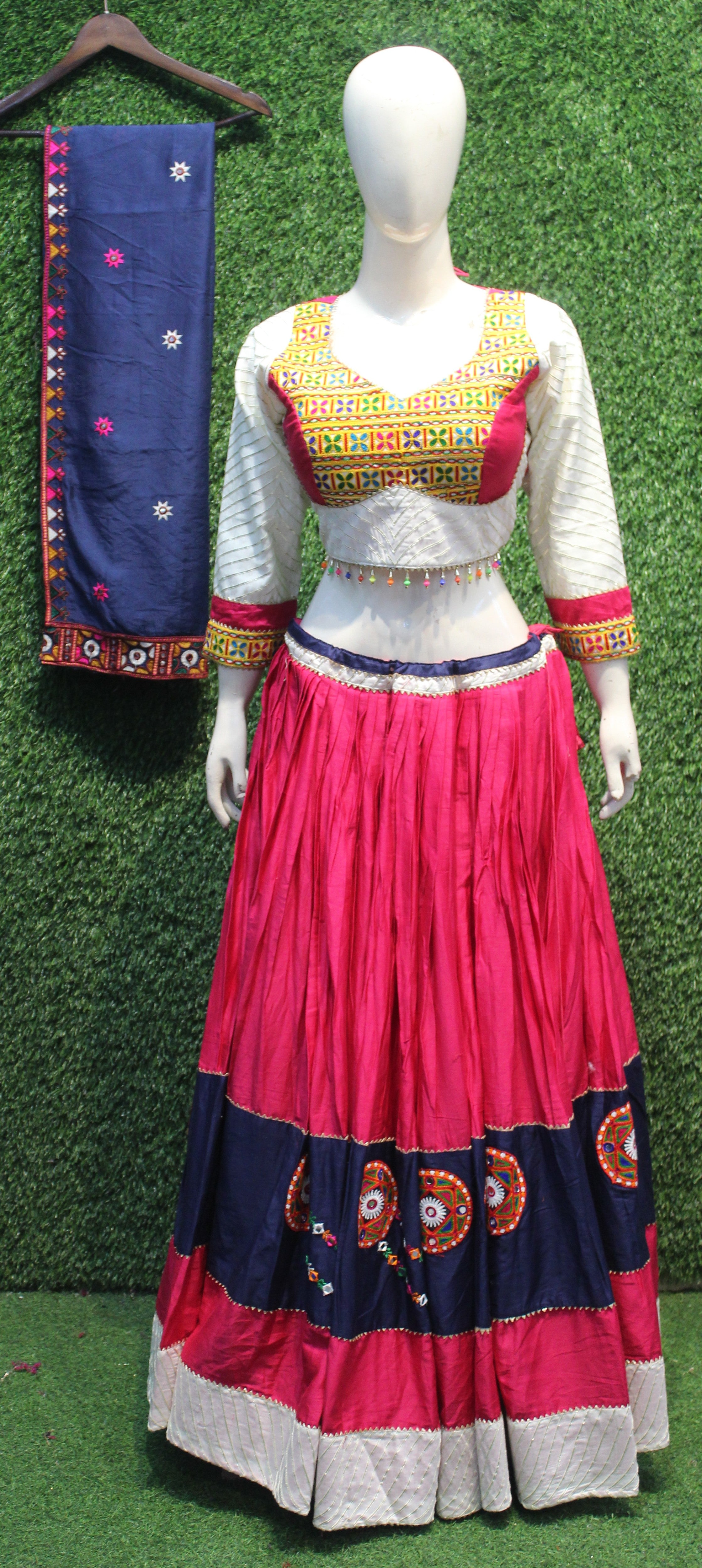 Pink & Navy Blue Embroidered Lehenga Choli Set