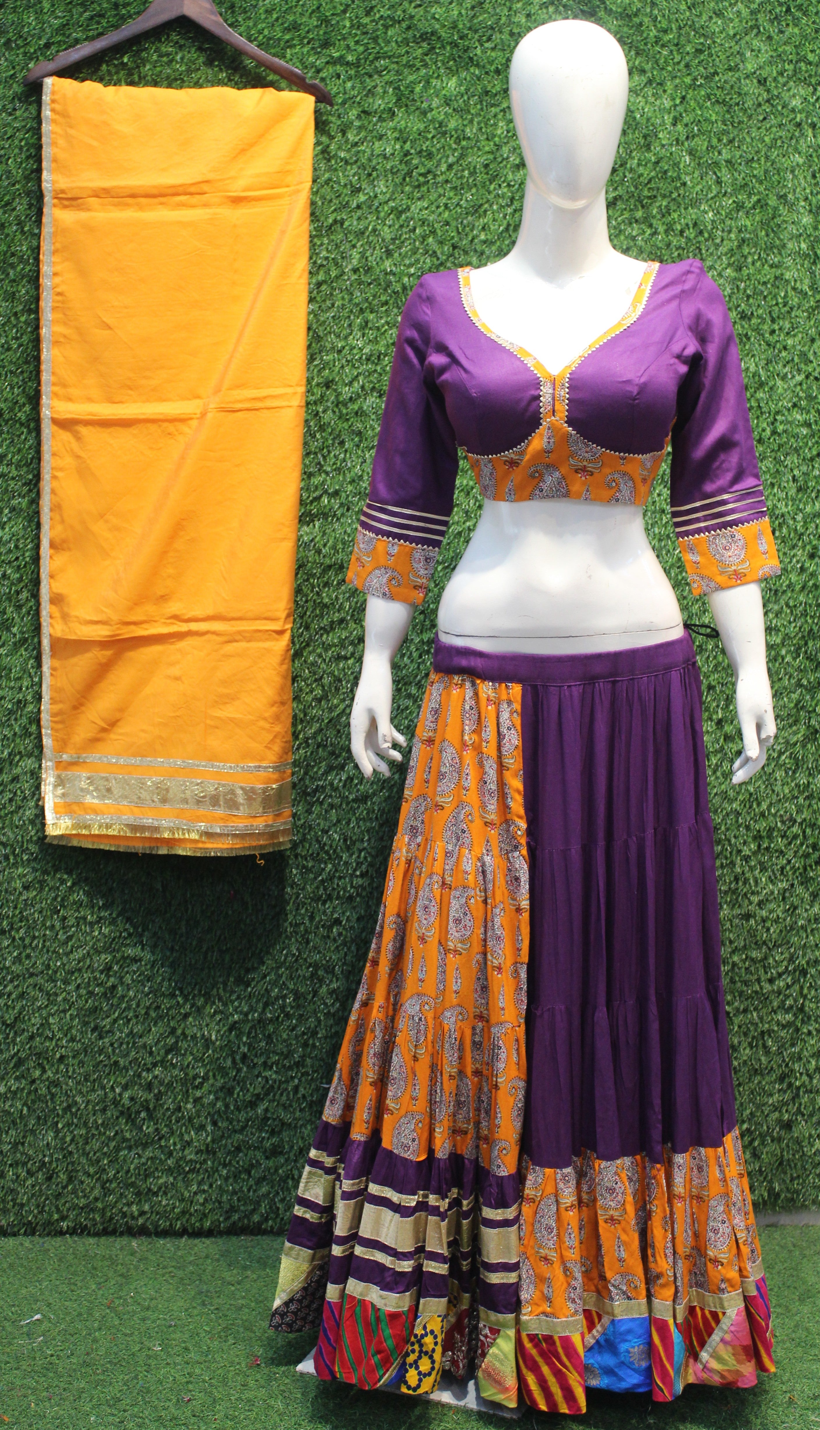 Purple & Orange Patchwork Printed Lehenga Choli Set