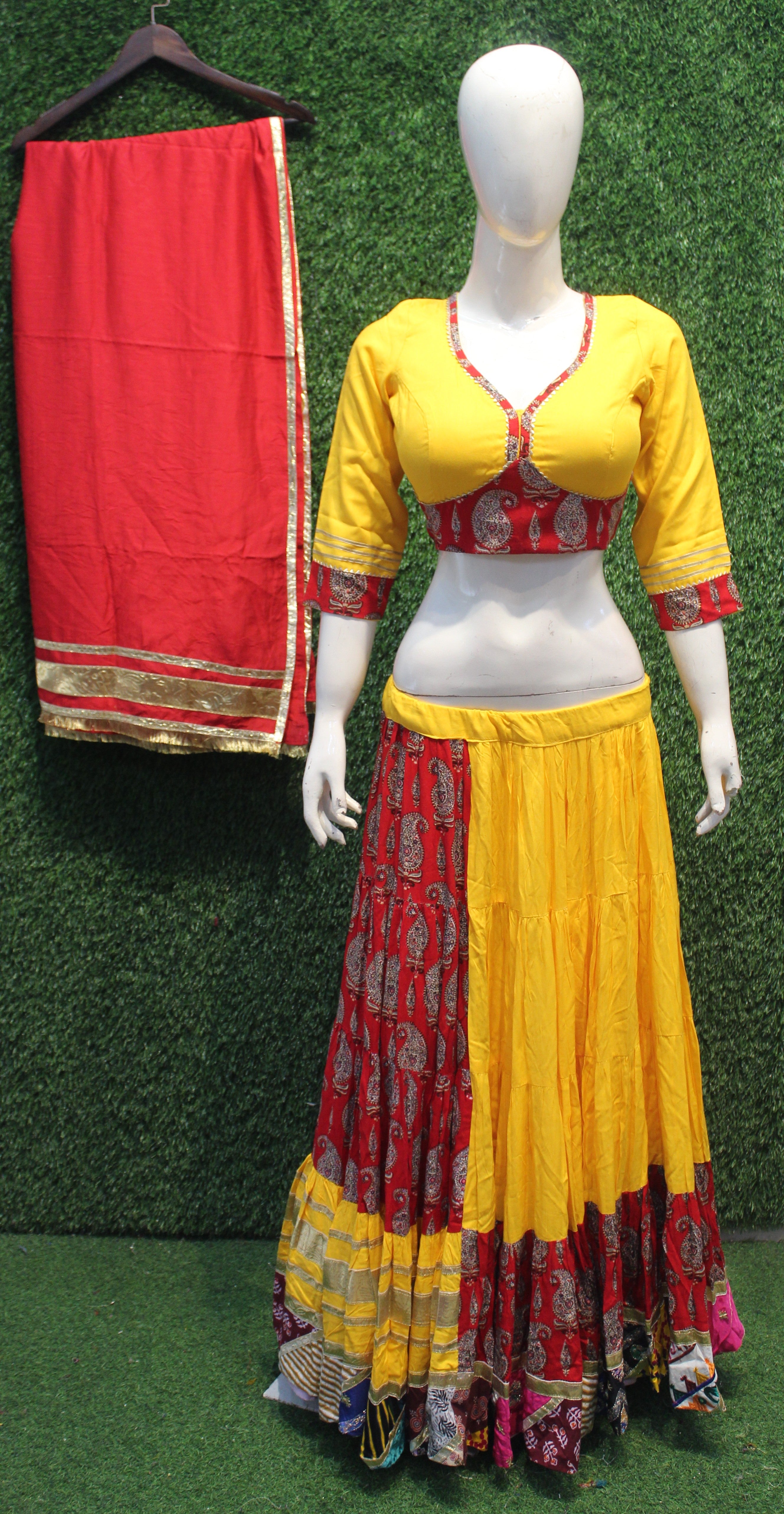 Yellow & Red Traditional Patchwork Lehenga Choli Set
