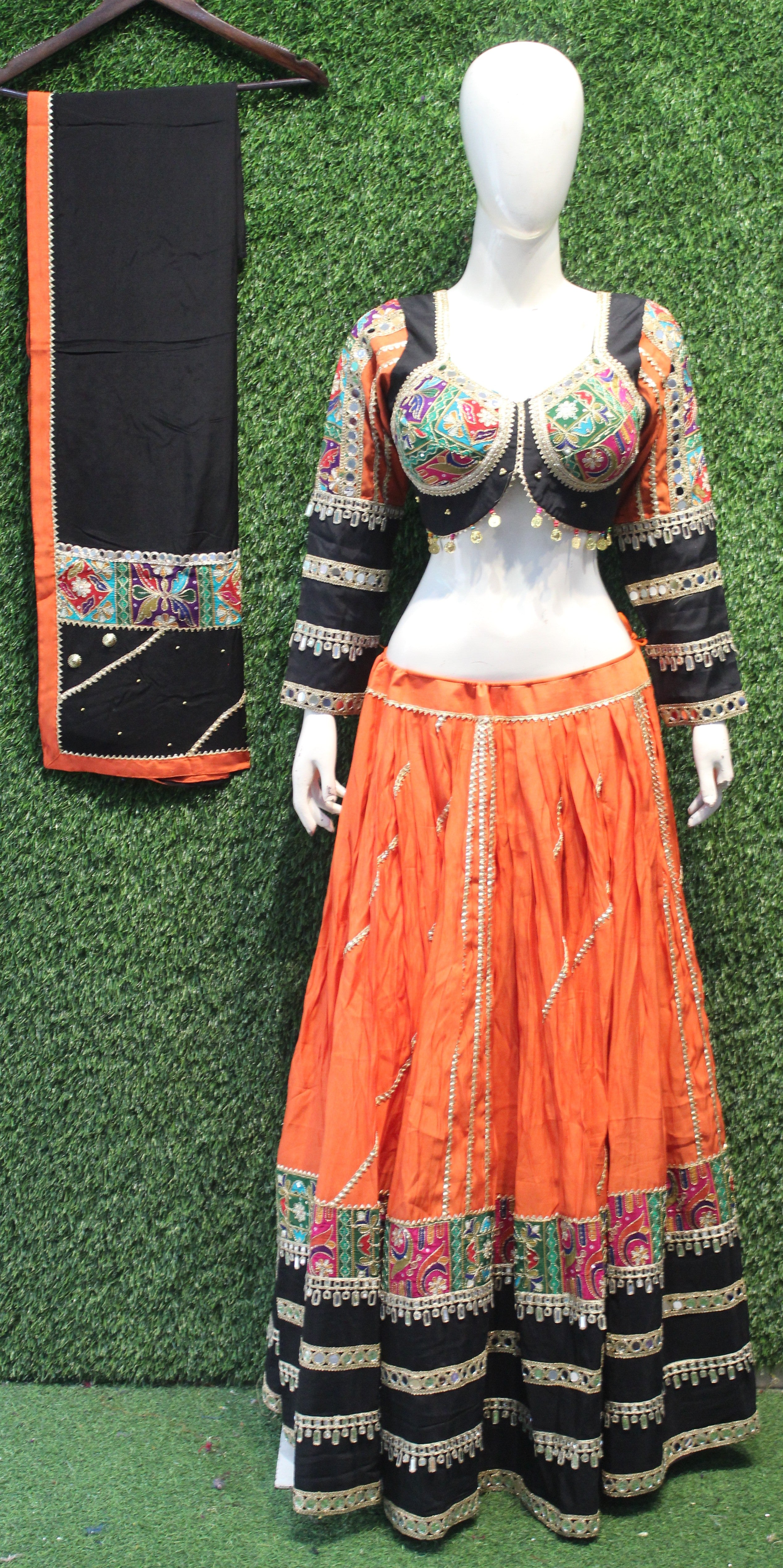 Traditional Orange & Black Embroidered Navratri Lehenga Choli