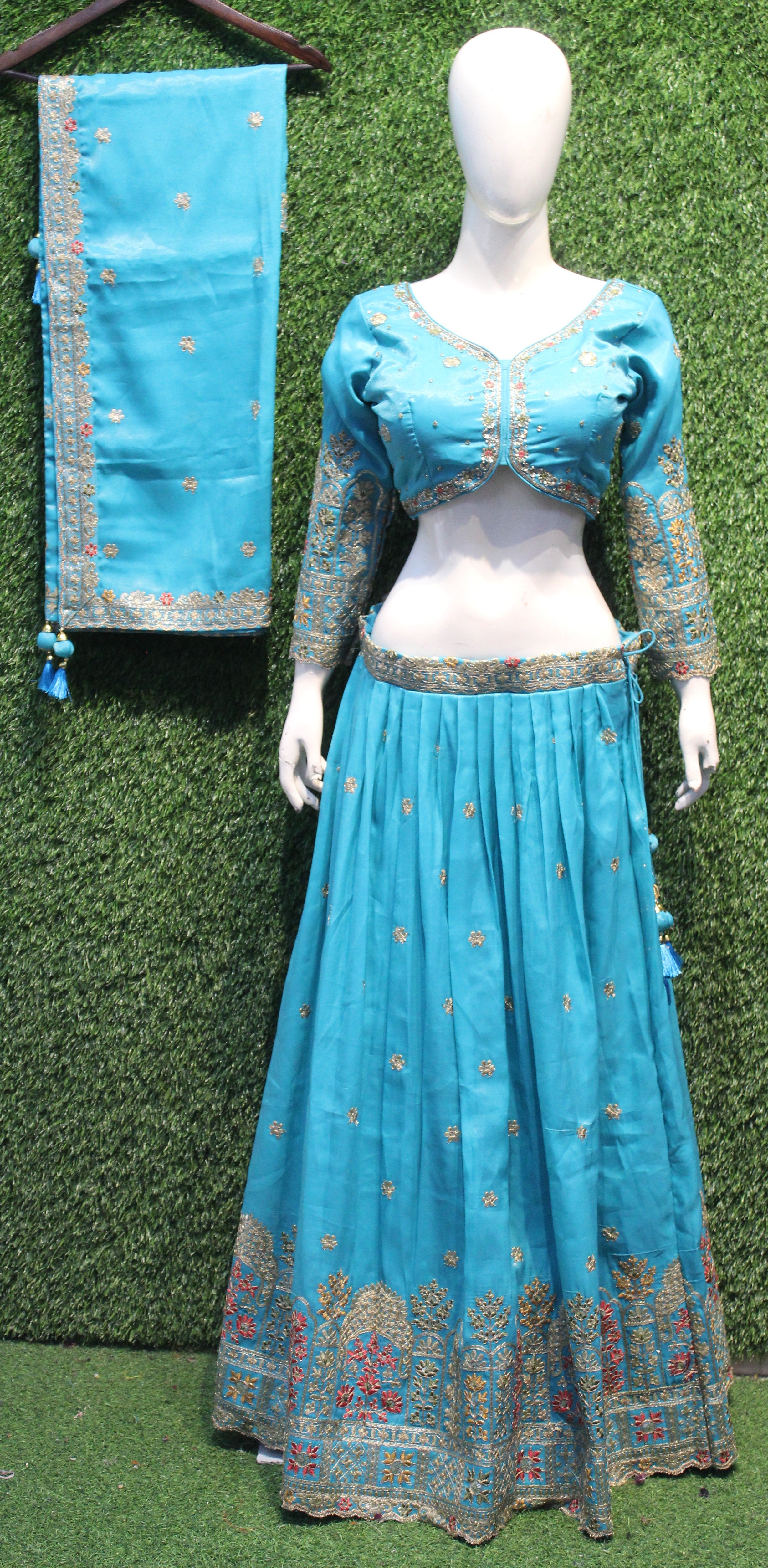 Aqua Blue Zari Embroidered Lehenga Choli with Jacket Style Blouse