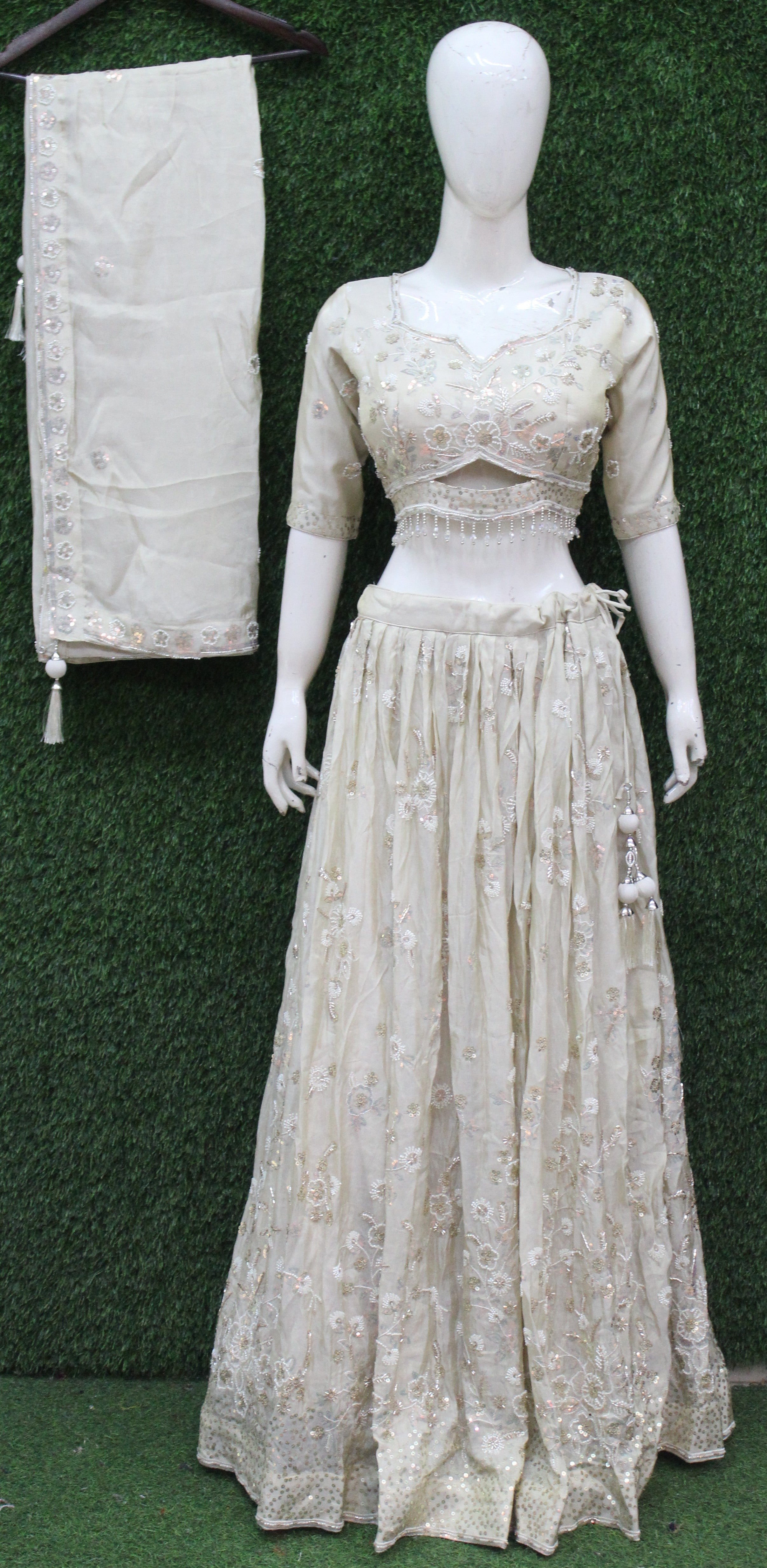 Champagne Gold Heavy Sequin & Thread Embroidered Bridal Lehenga Choli