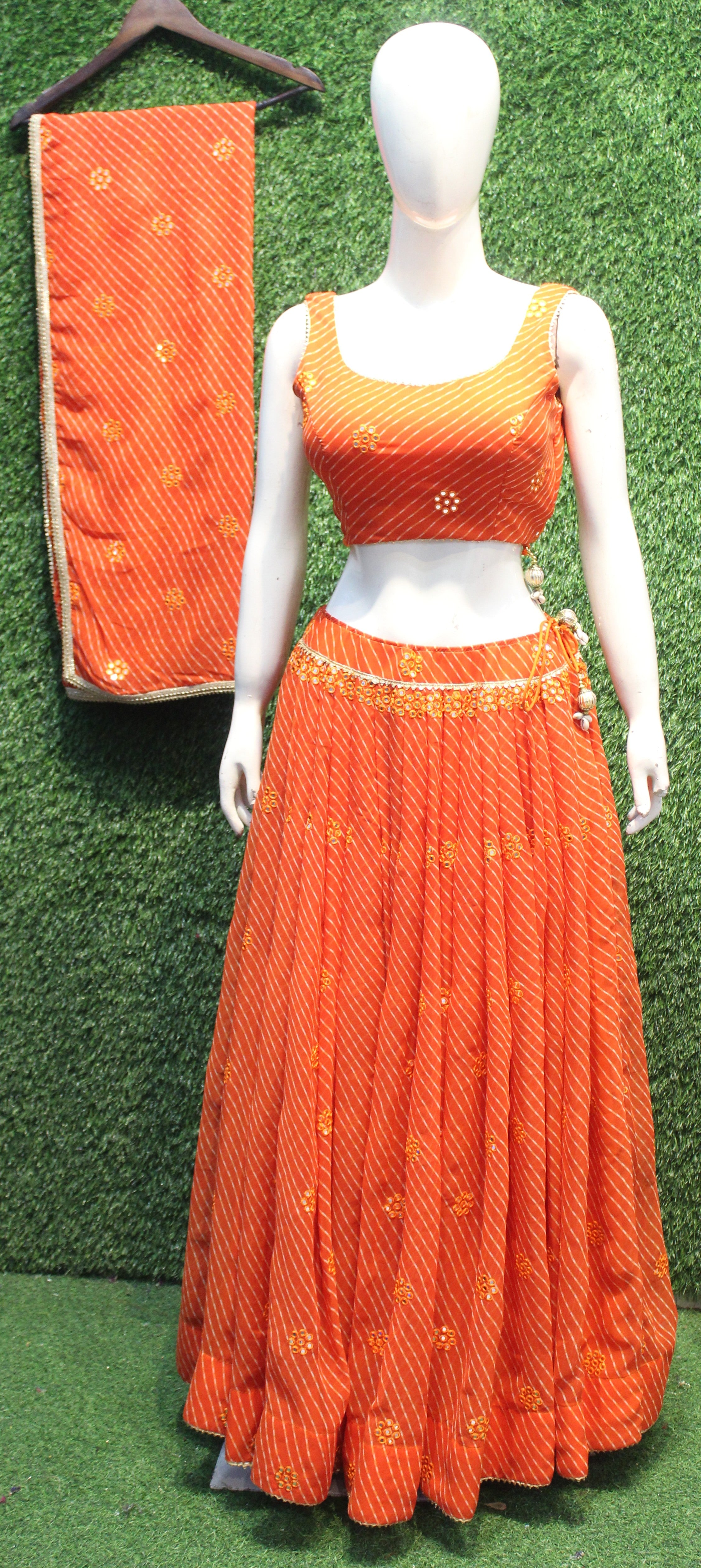 Orange Bandhej Mirror Work Lehenga Choli Set
