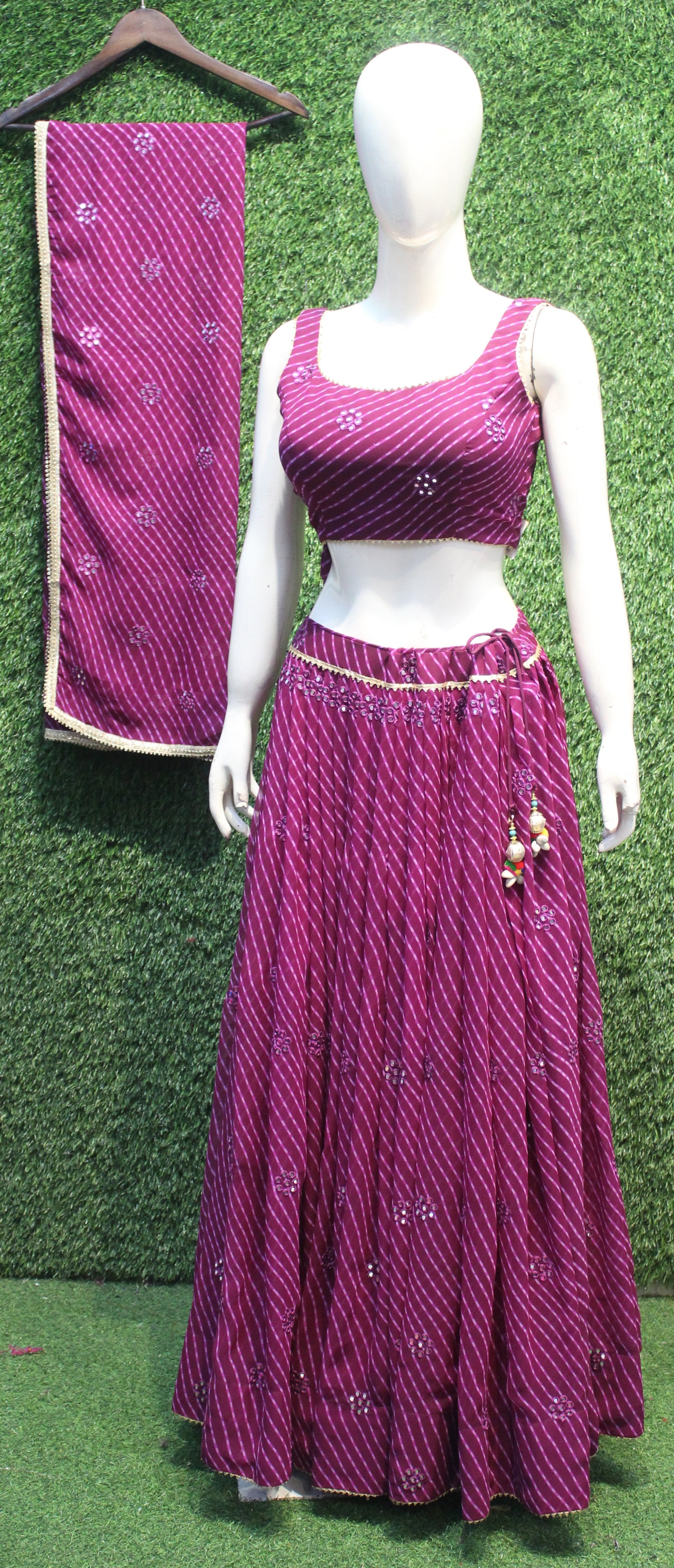 Purple Bandhej Mirror Work Lehenga Choli Set