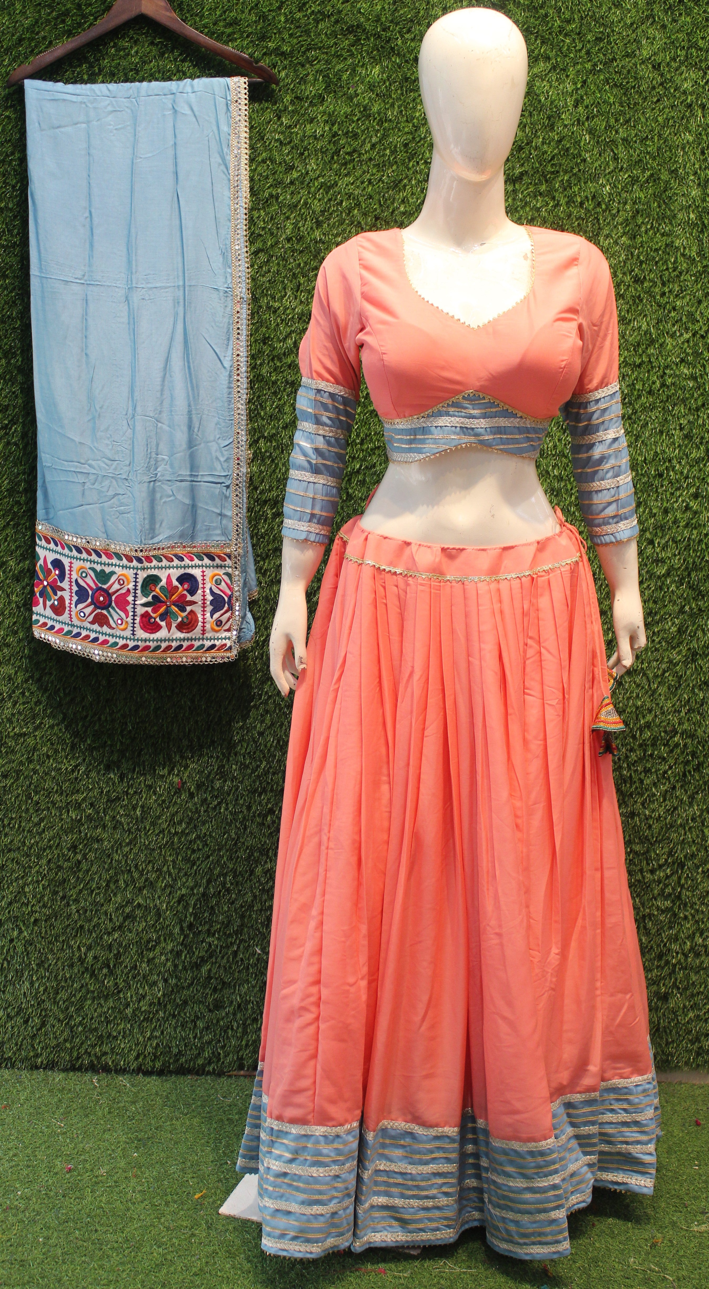Peach & Sky Blue Embroidered Lehenga Choli Set