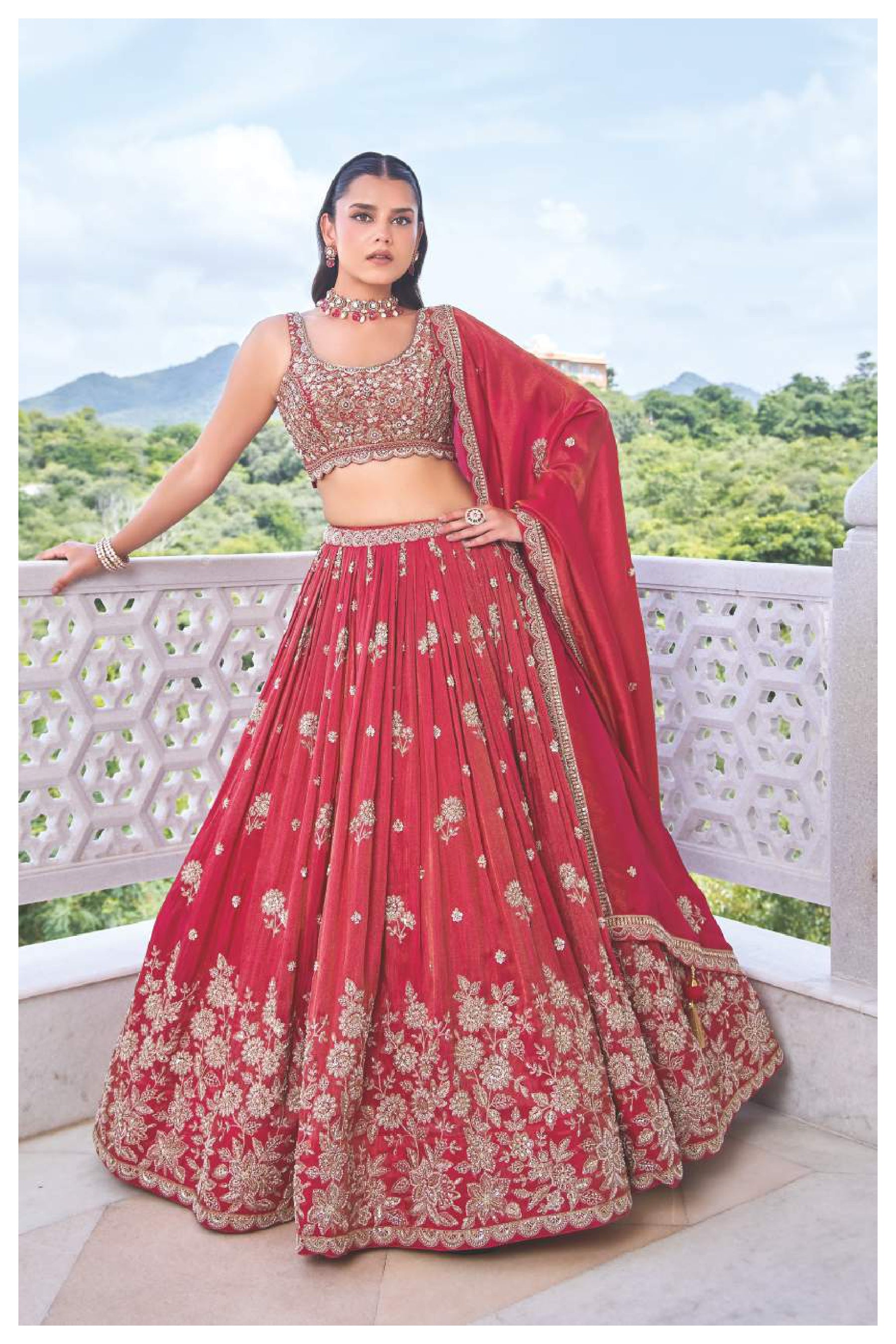Red Heavy Embroidered Bridal Lehenga Choli Set with Dupatta