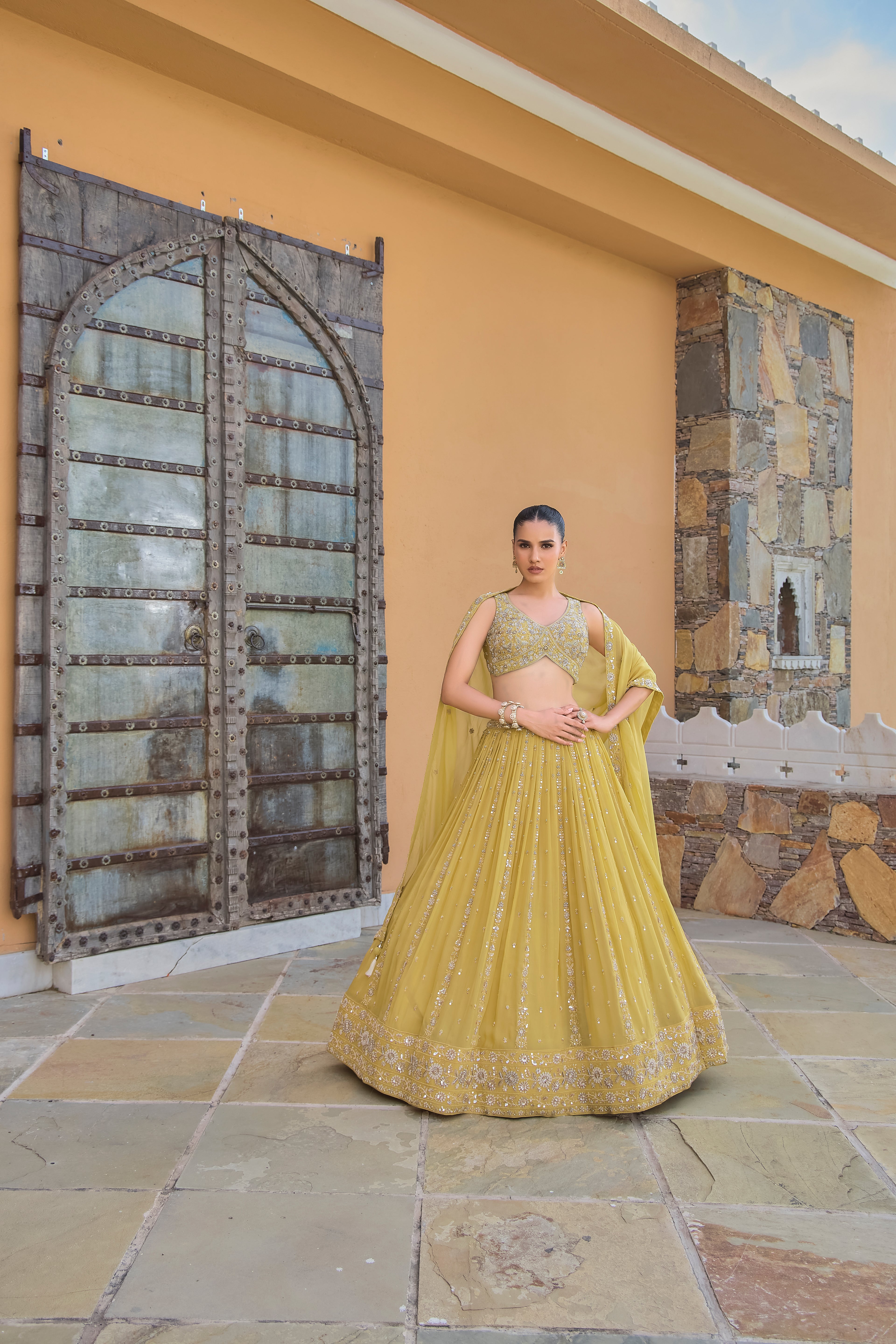 Mustard Yellow Heavy Embroidered Designer Lehenga Choli Set