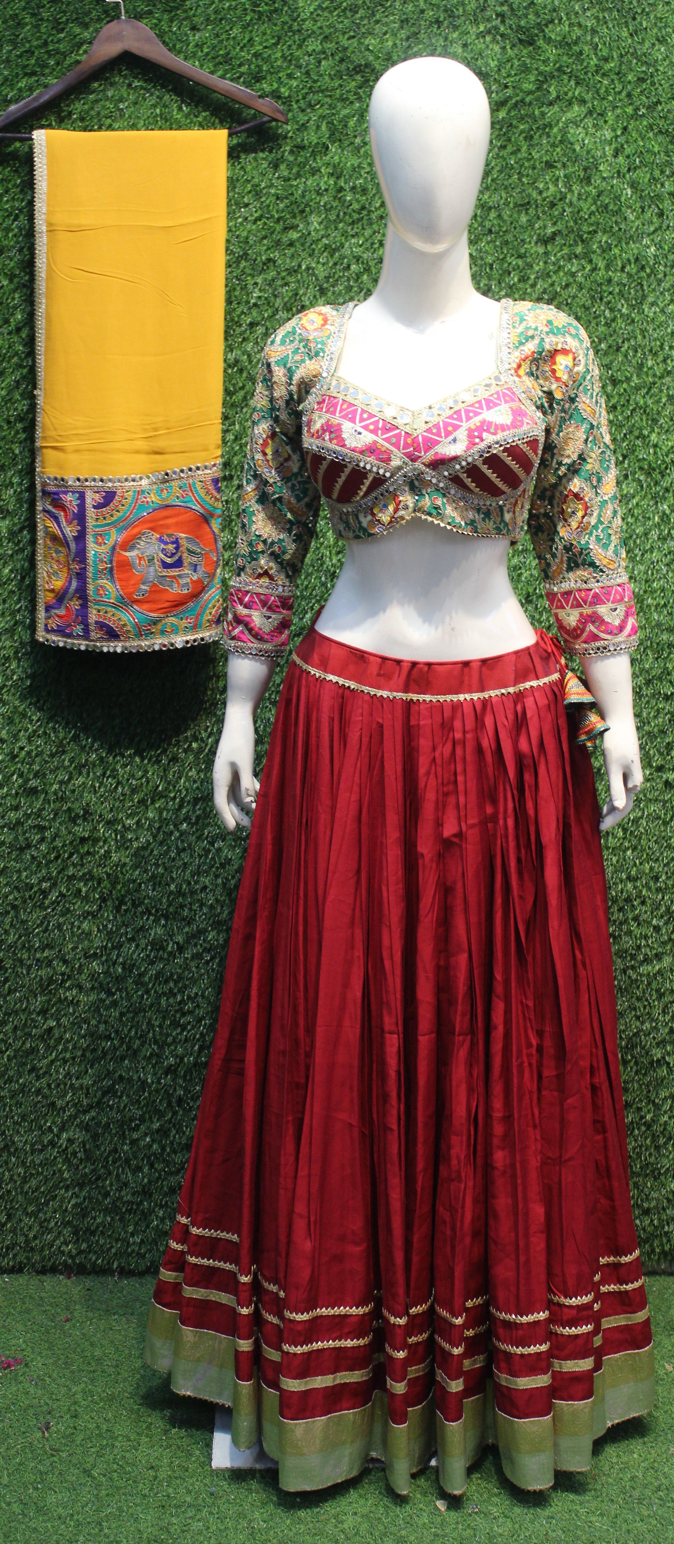 Maroon Lehenga with Heavy Multicolor Mirror Work Choli & Mustard Dupatta