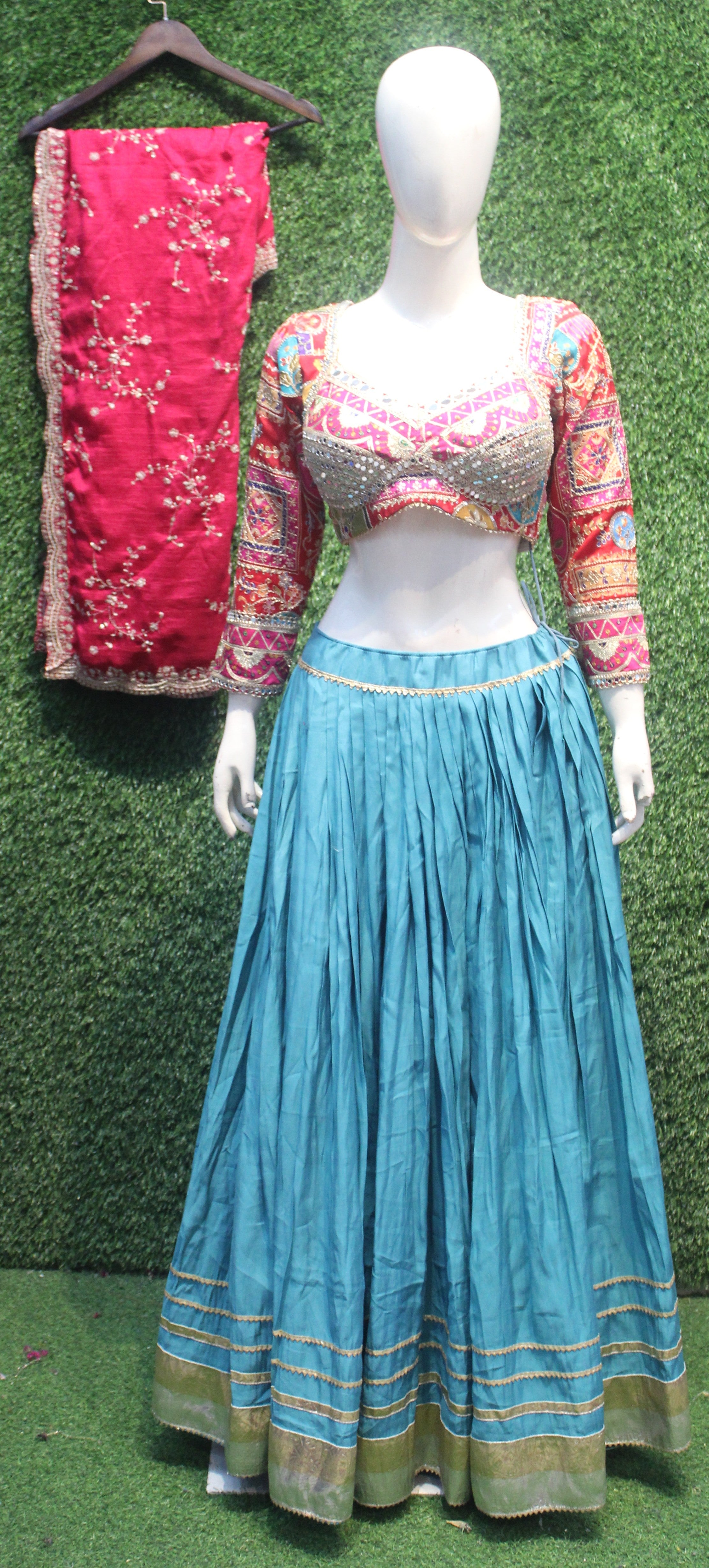 Teal Blue Lehenga with Heavy Mirror Work Choli & Embroidered Dupatta