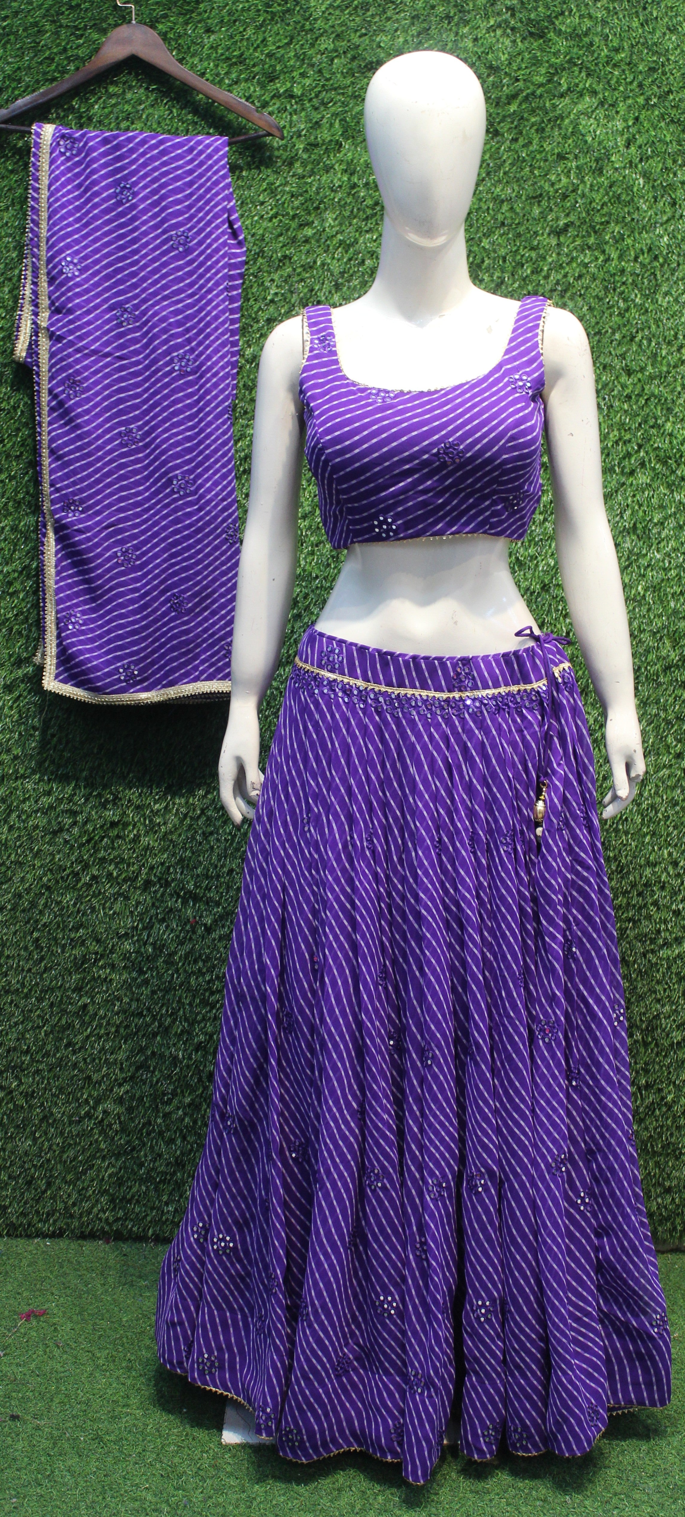 Purple Bandhej Mirror Work Lehenga Choli Set