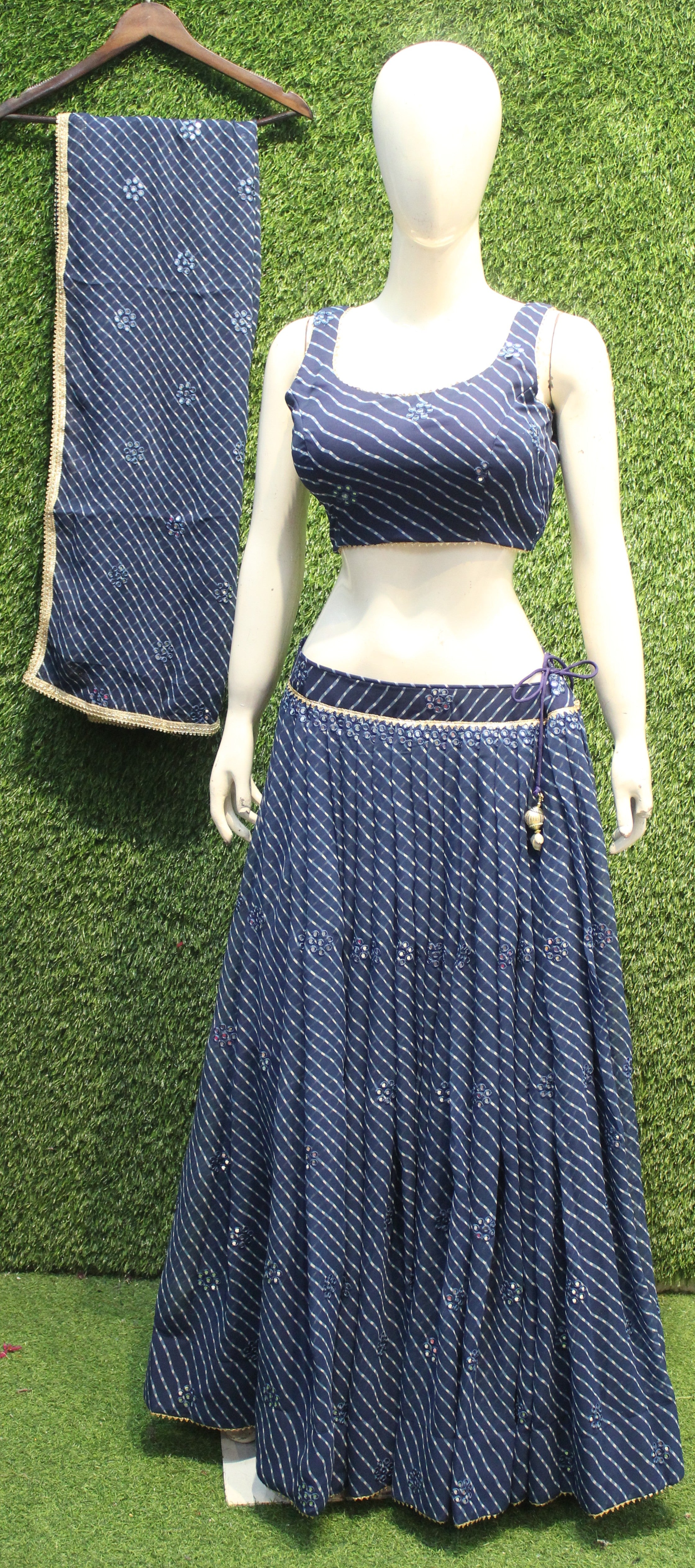 Navy Blue Bandhej Mirror Work Lehenga Choli Set