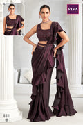 Wine designer ruffle saree with heavy embroidered blouse