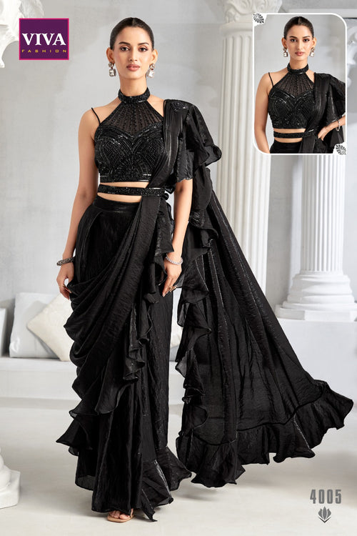 Black Designer Ruffle Saree with Heavy Embellished Blouse