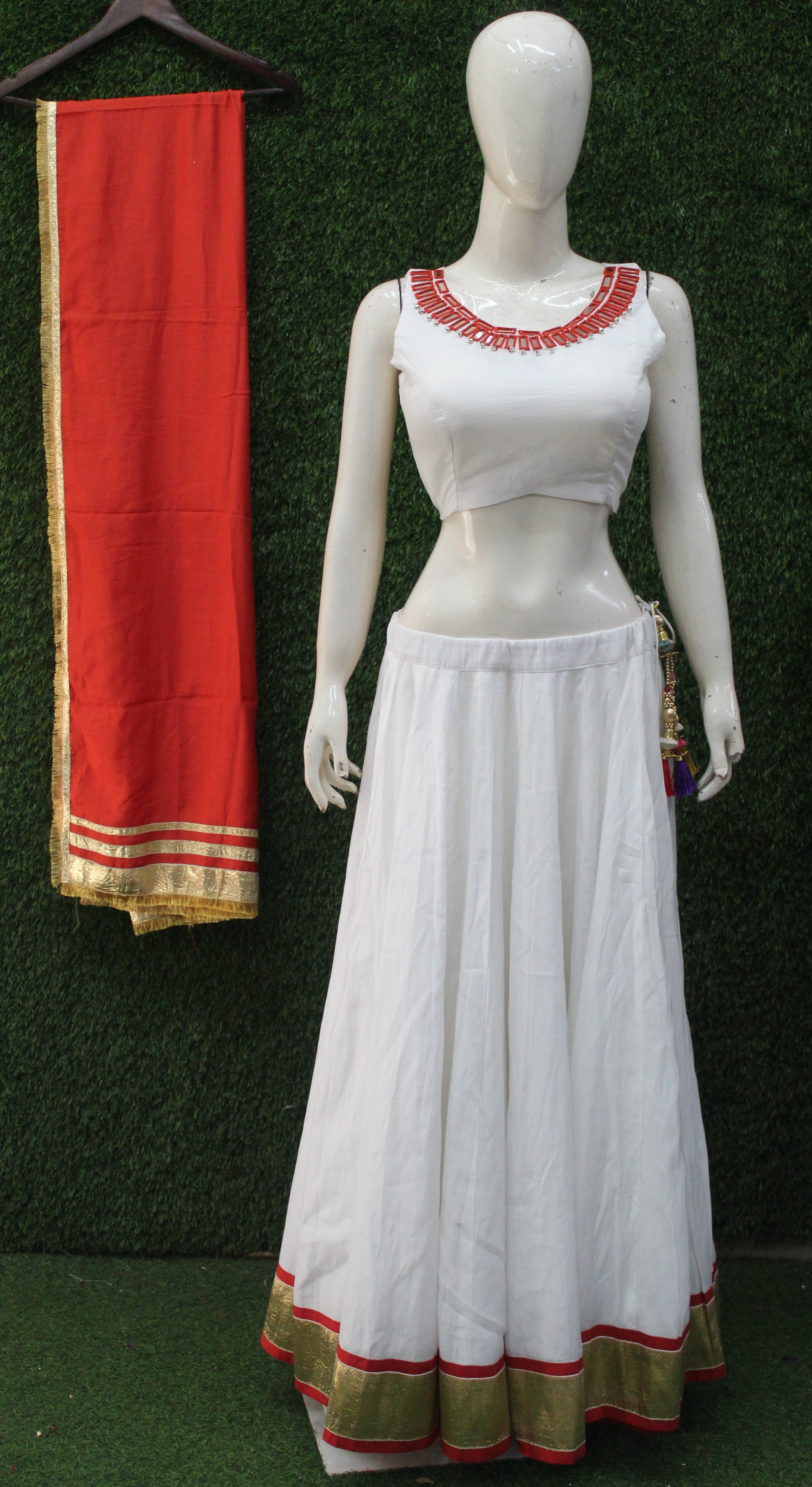 White Lehenga Choli with Red-Gold Dupatta