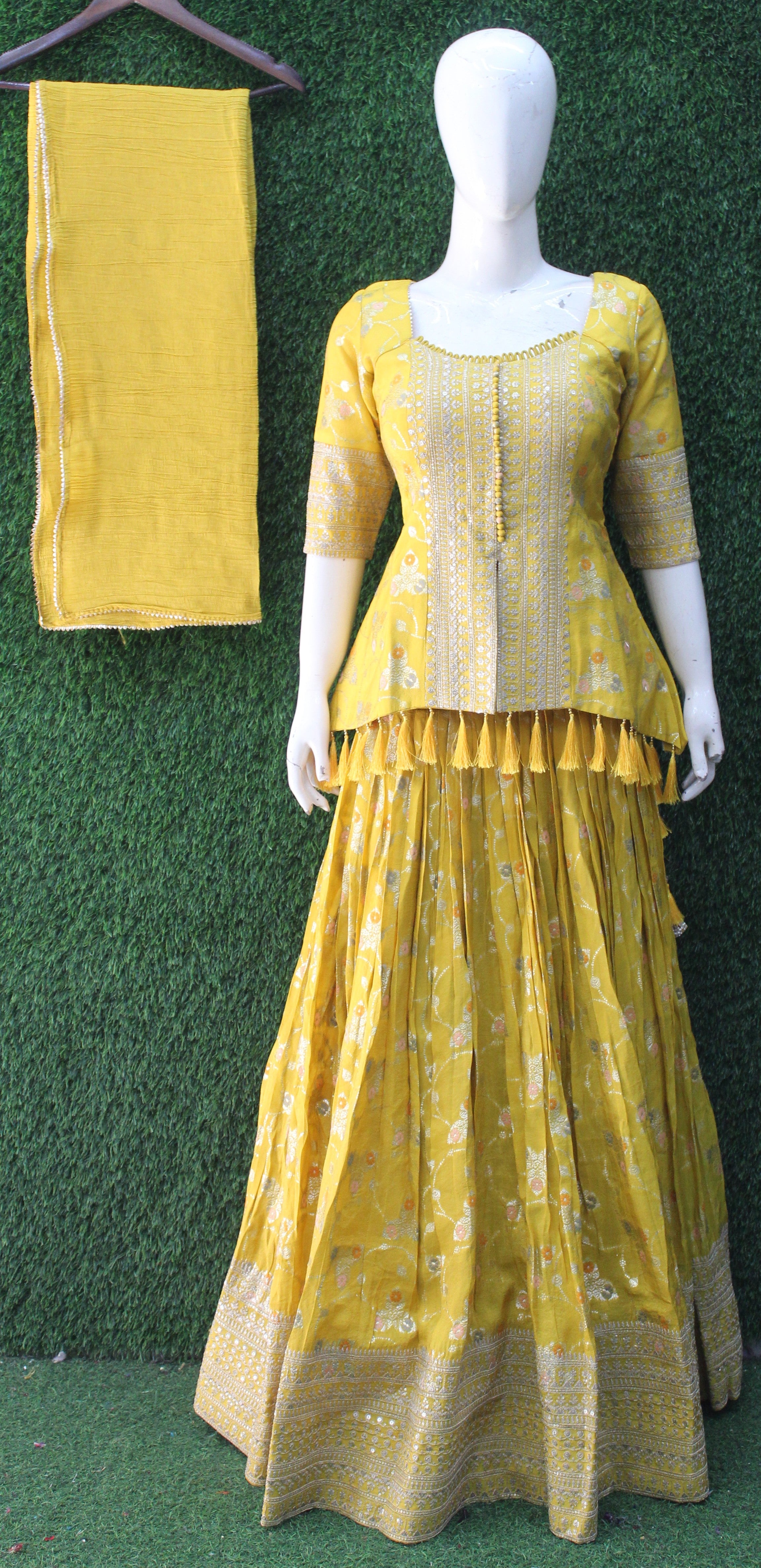 Mustard Yellow Silk Weave Embroidered Peplum Chaniya Set