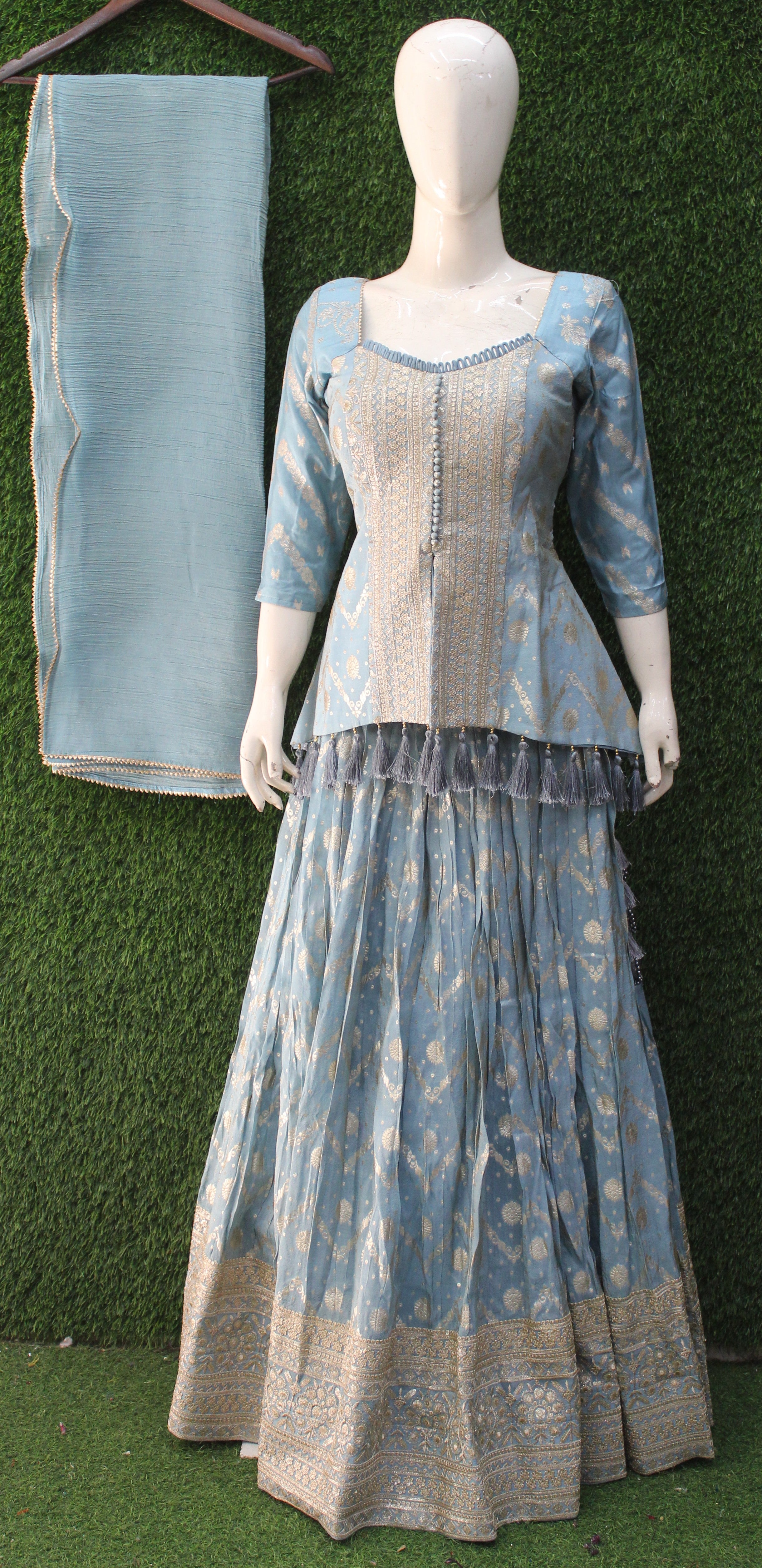 Sky Blue Silk Weave Embroidered Peplum Chaniya Set