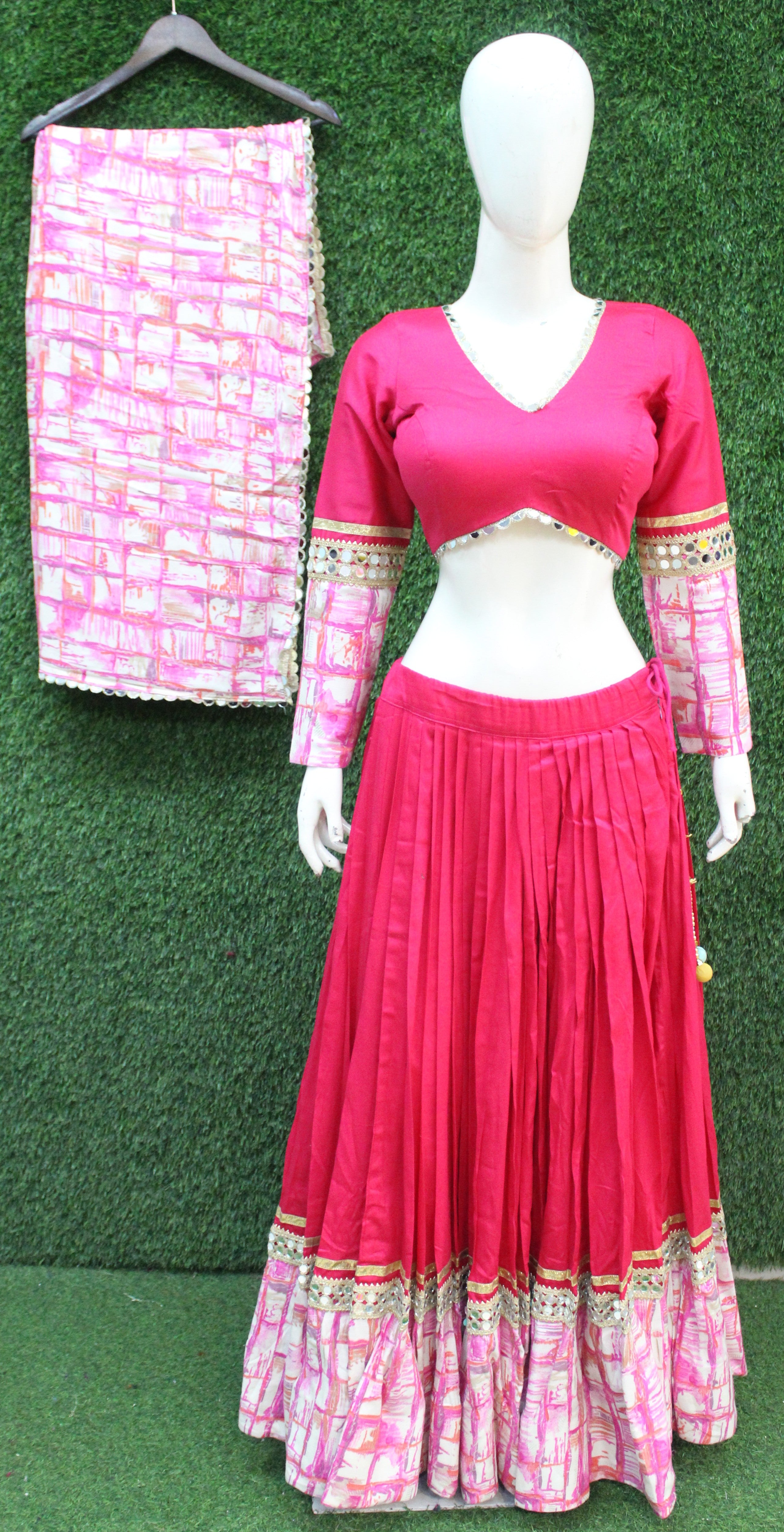 Pink abstract printed lehenga choli set