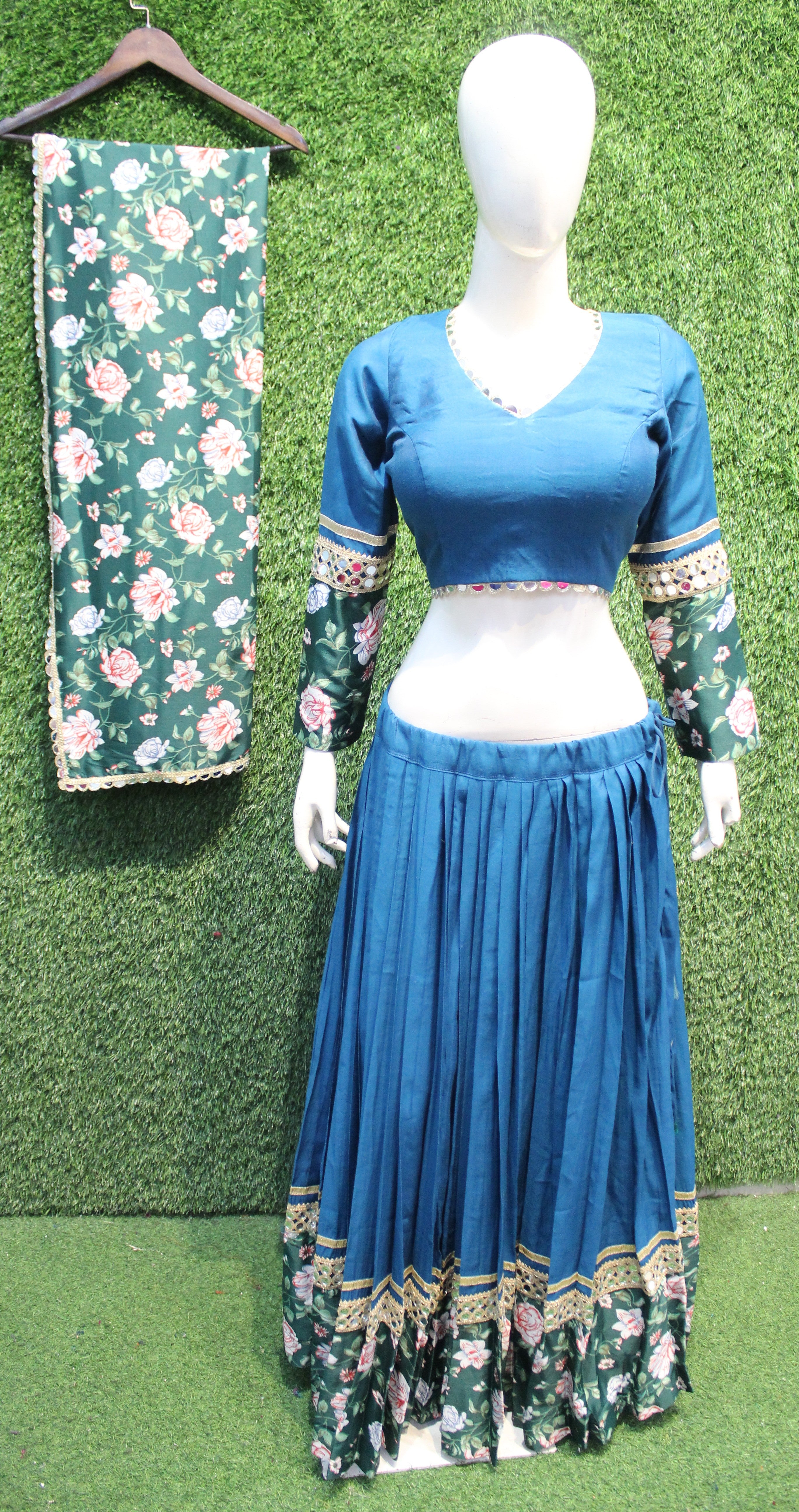 Teal blue floral printed lehenga choli set
