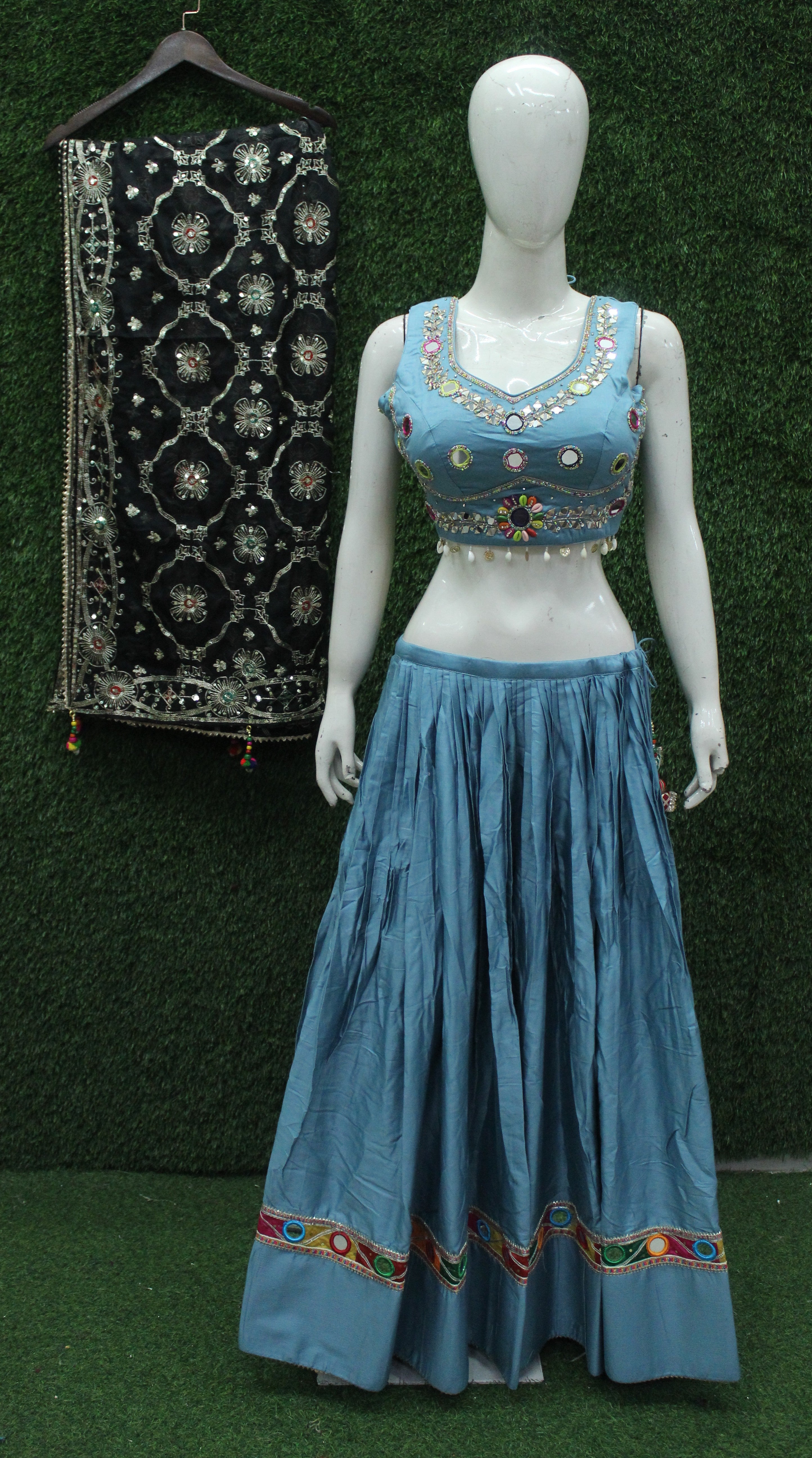 Sky blue mirror-work Navratri ghagra choli set