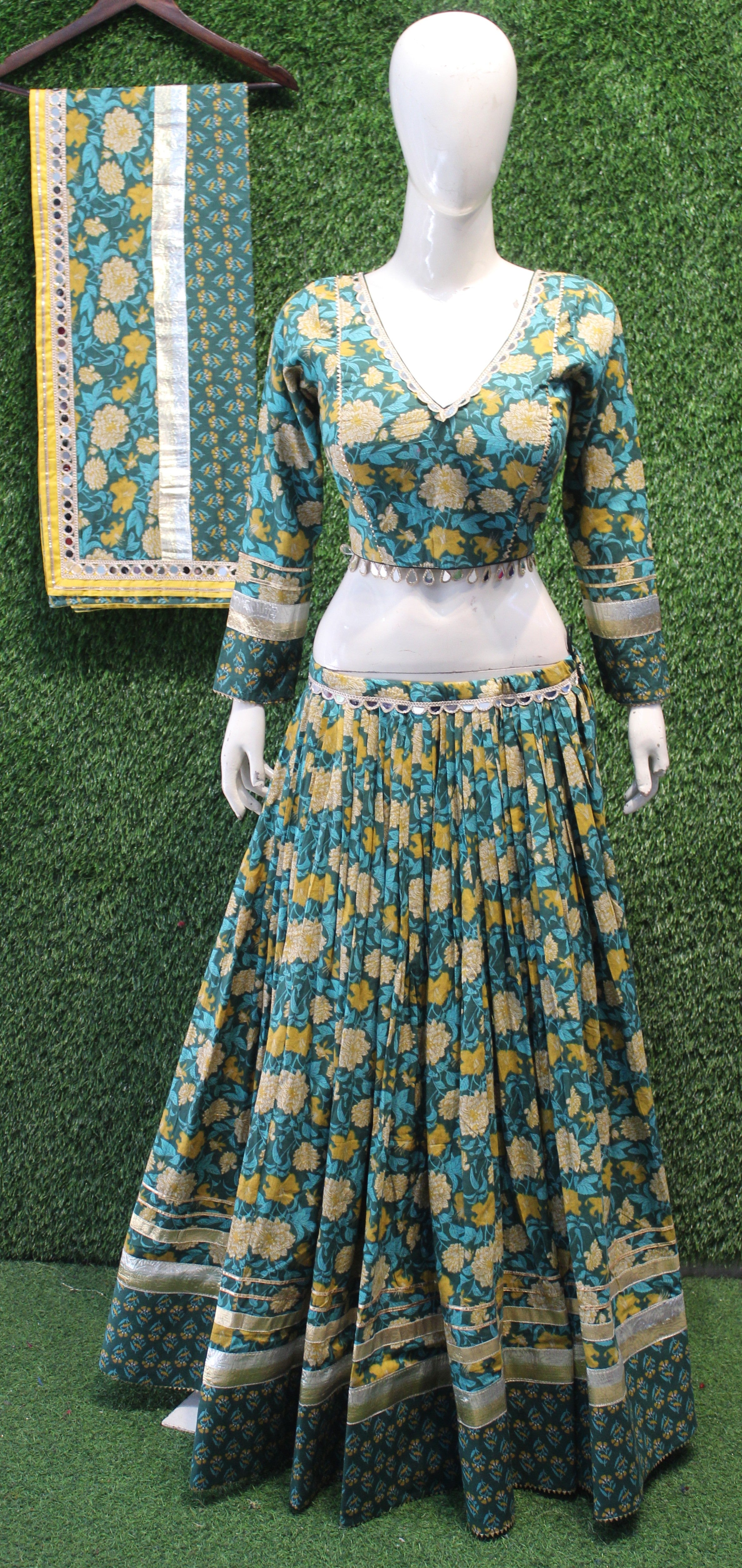 Green Floral Printed Lehenga Choli Set