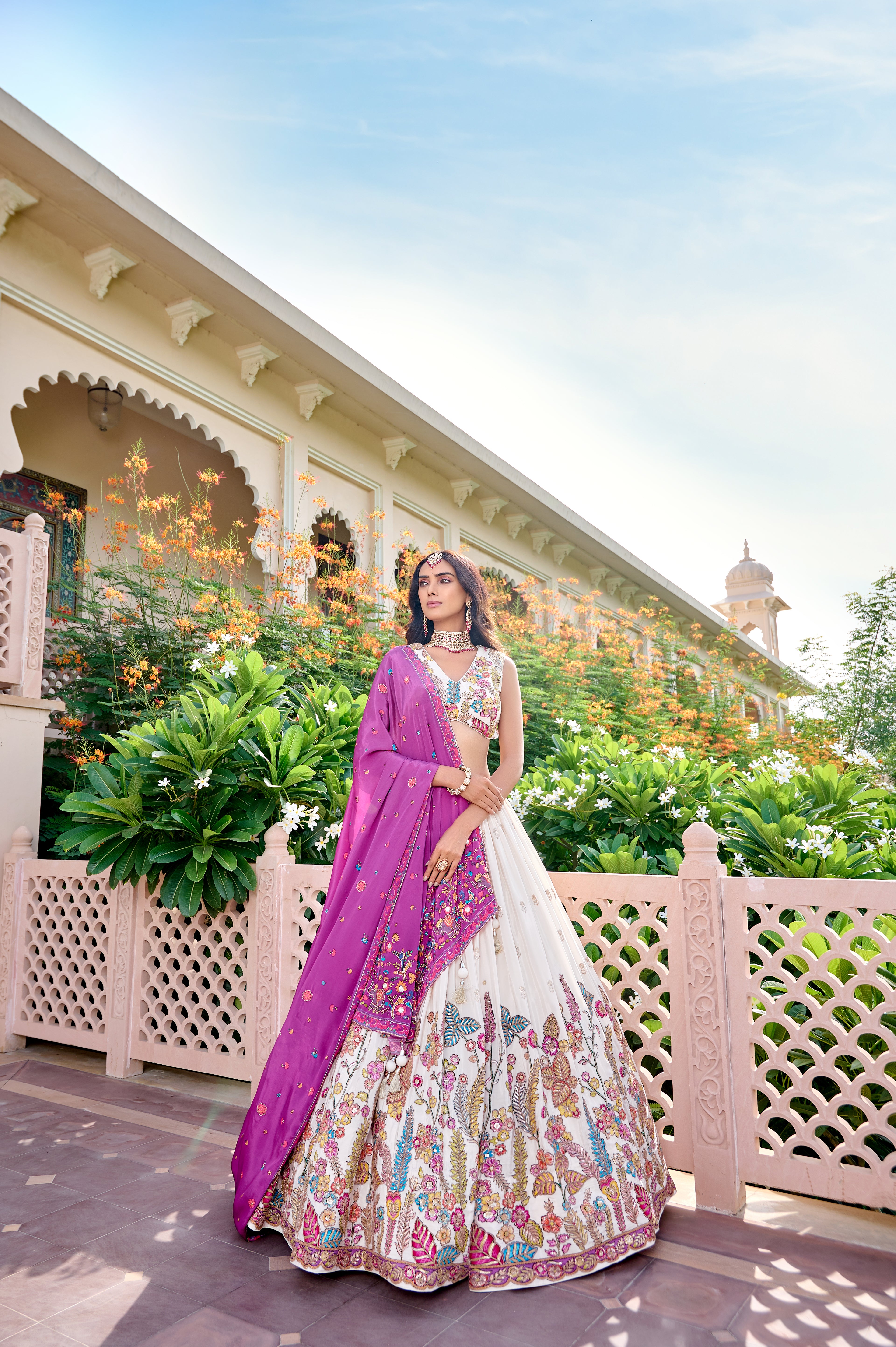 White Multicolor Embroidered Designer Lehenga Choli Set