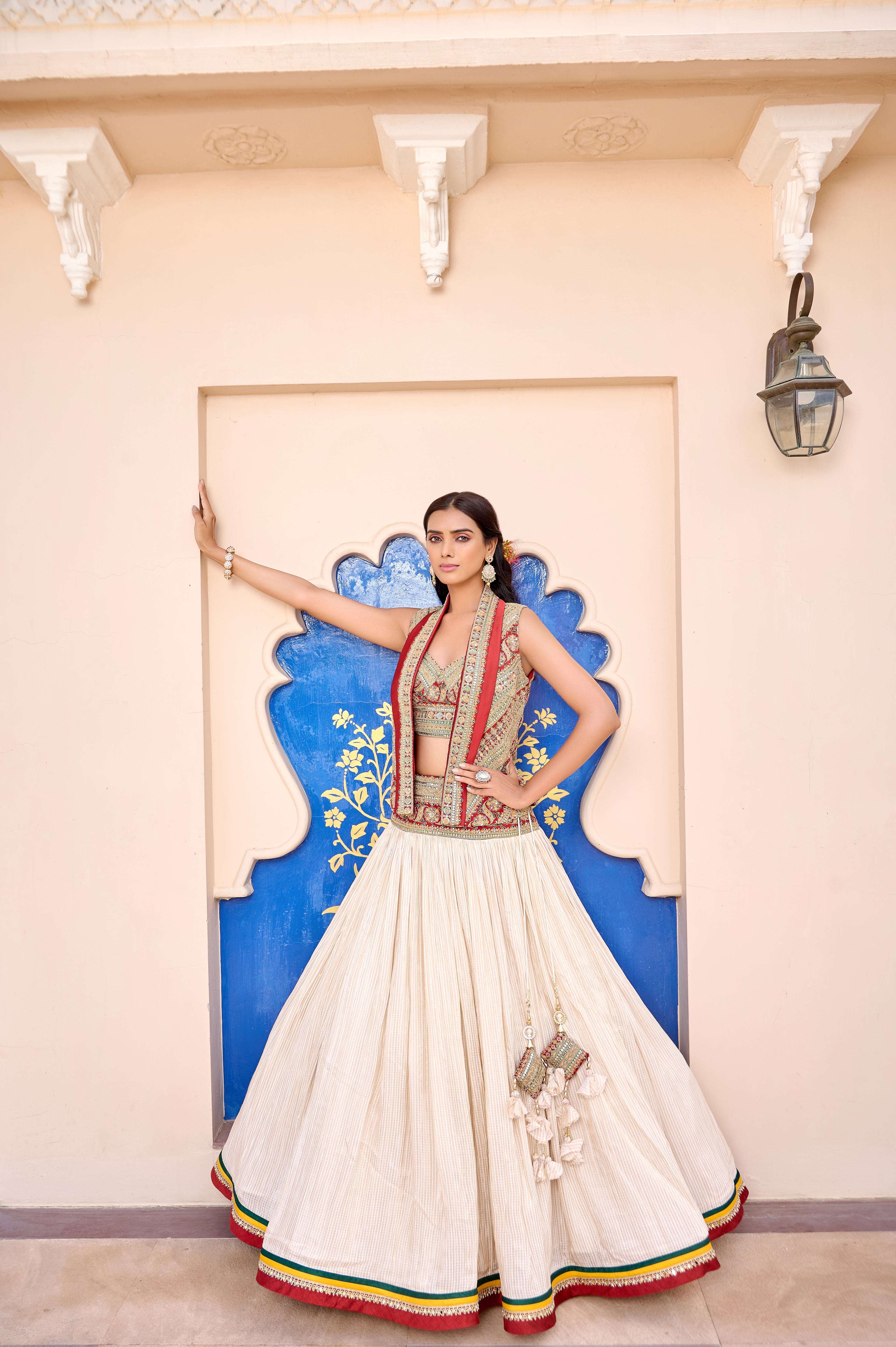 Cream Traditional Embroidered Lehenga Choli with Jacket Dupatta
