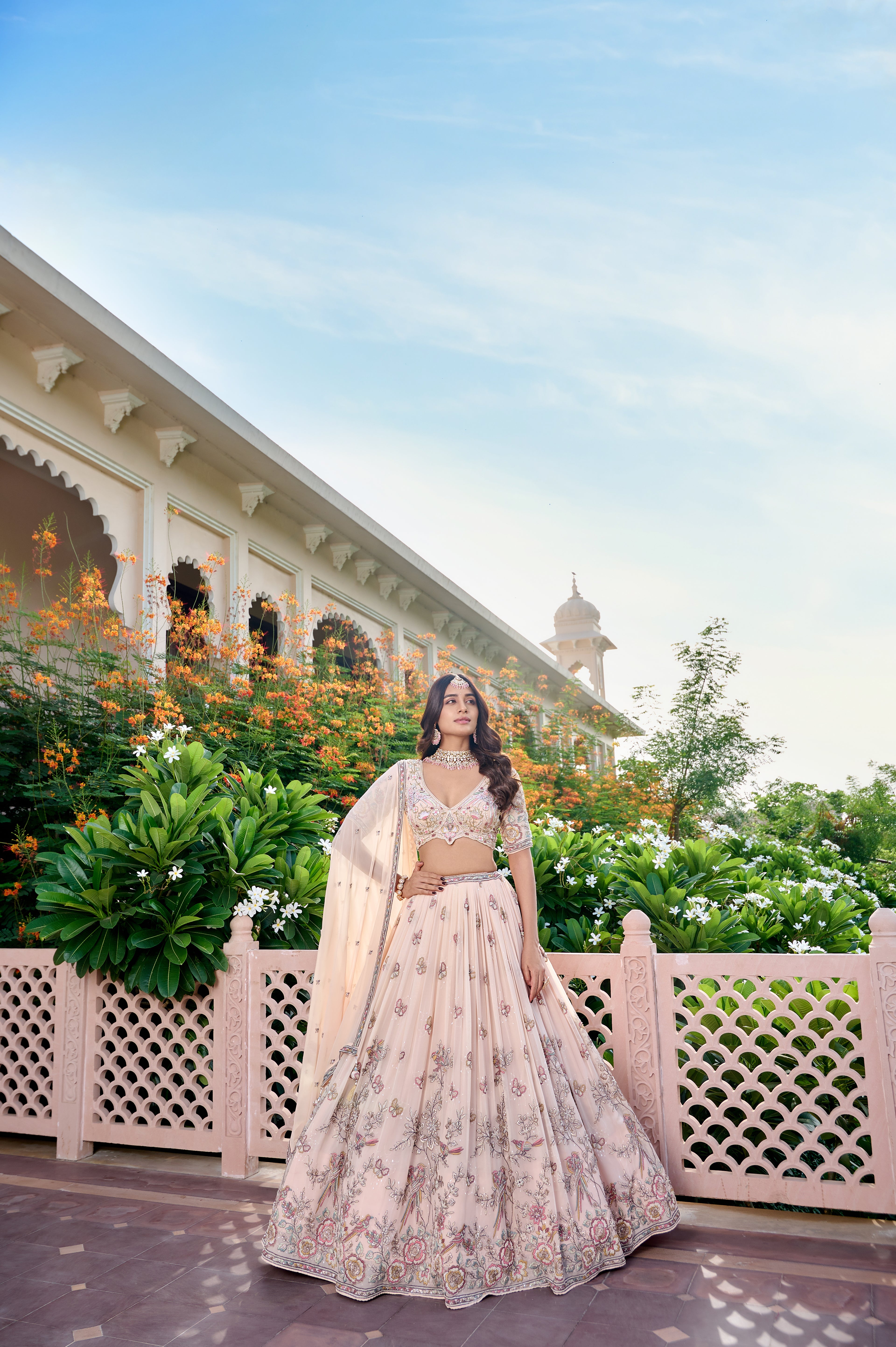 Peach Pastel Floral Embroidered Designer Lehenga Choli Set