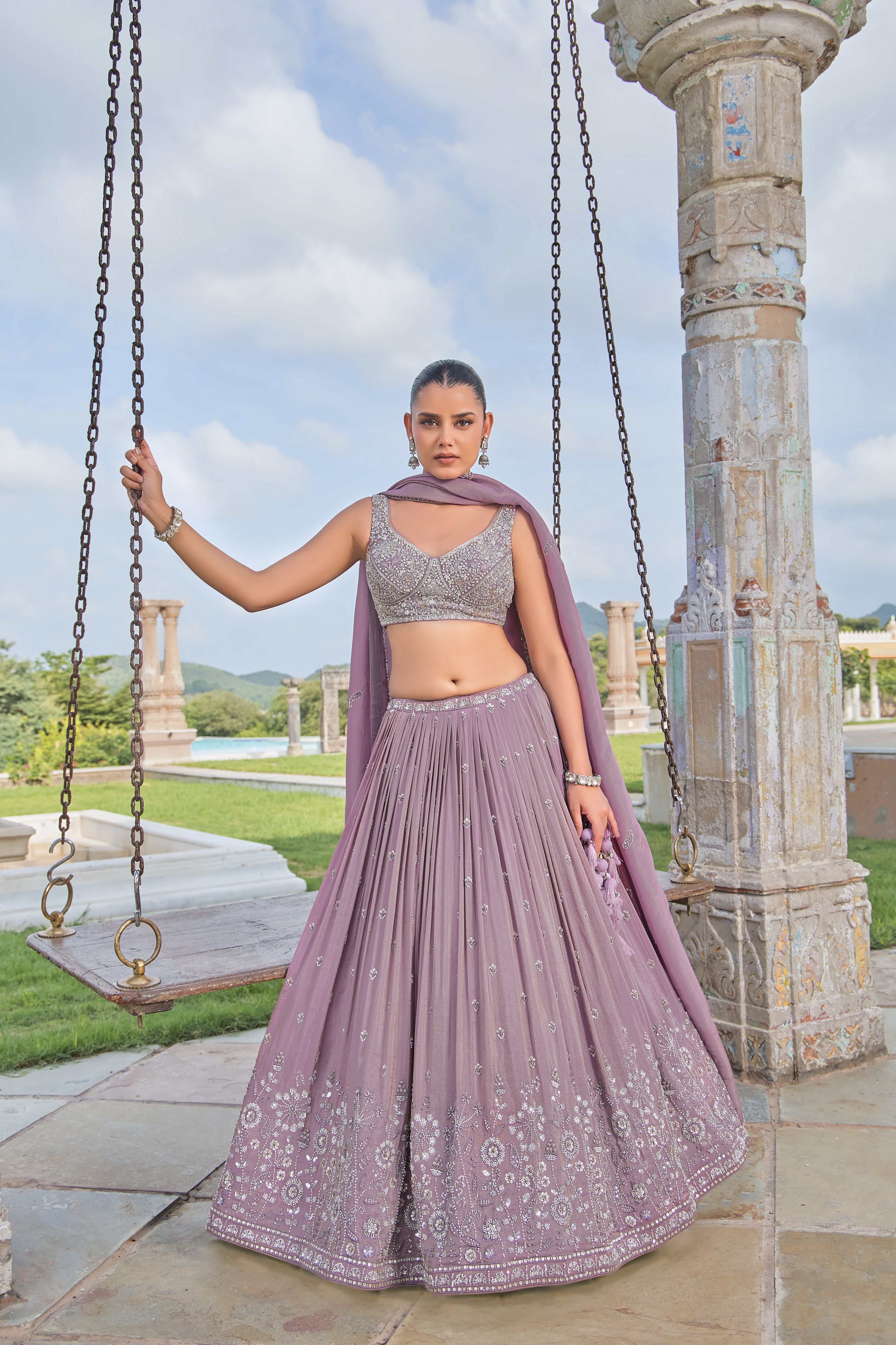 Lavender Heavy Embroidered Bridal Lehenga Set