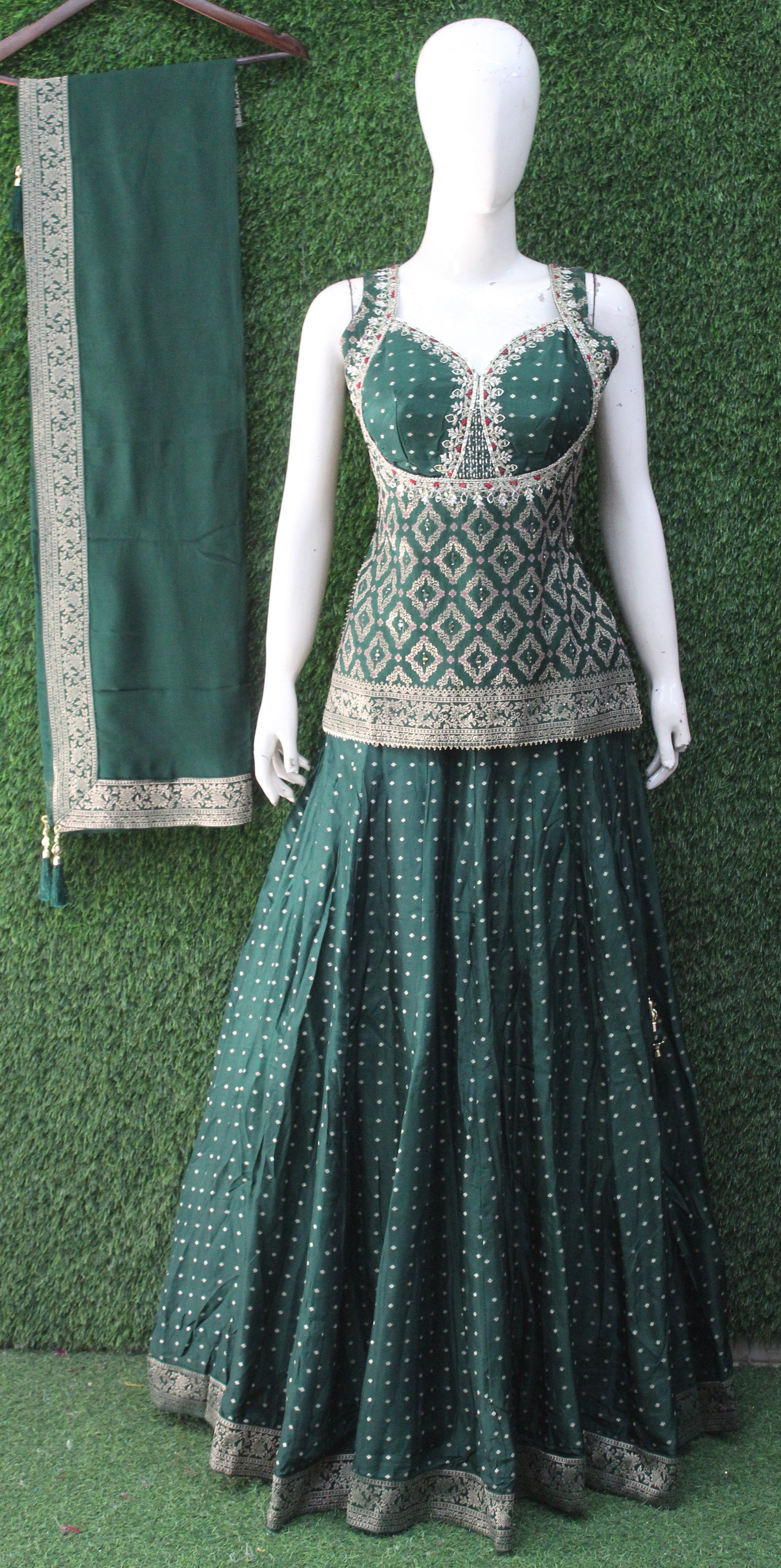 Designer Green Peplum Set with Heavy Embroidery & Dupatta