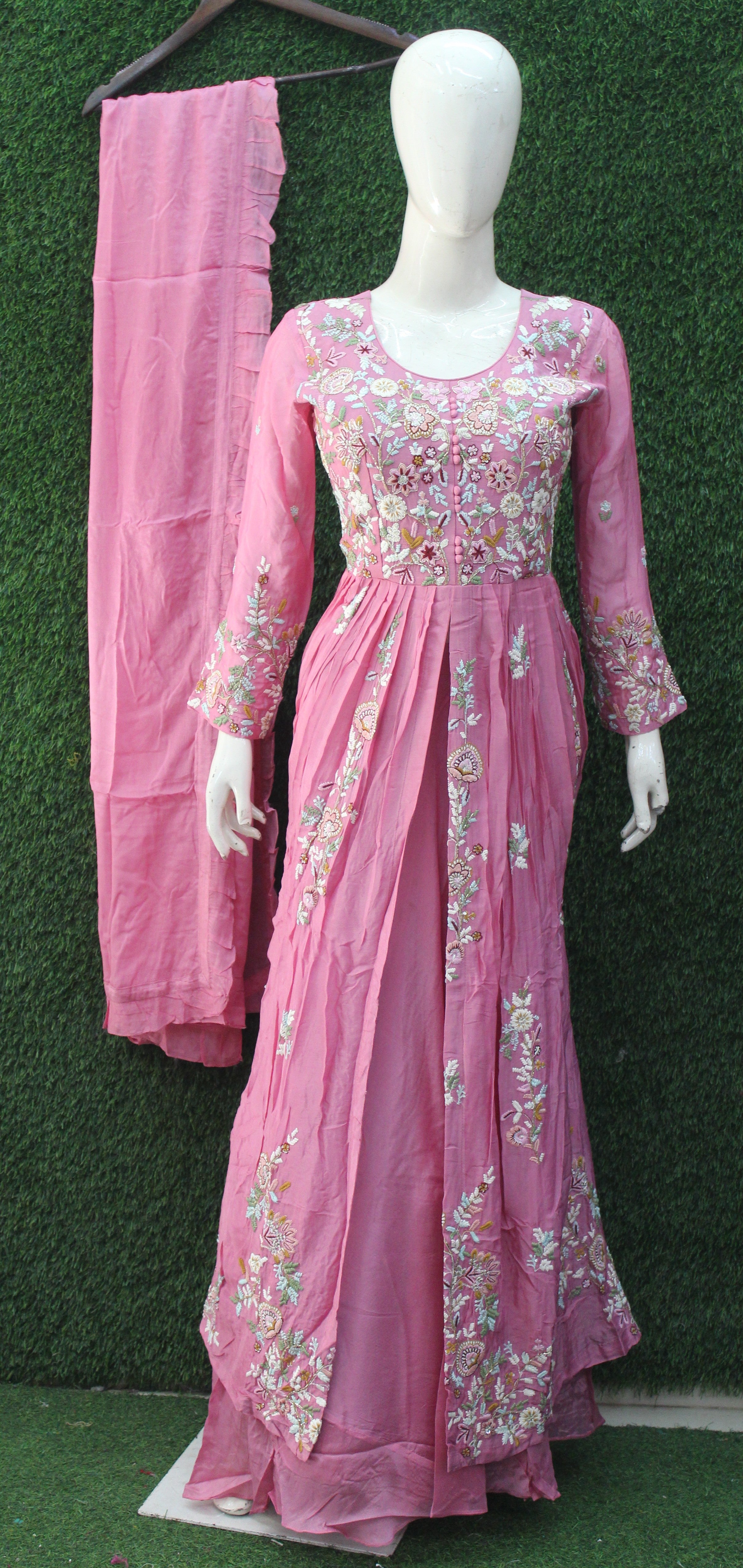 Pink Floral Embroidered Peplum Anarkali Chaniya Set