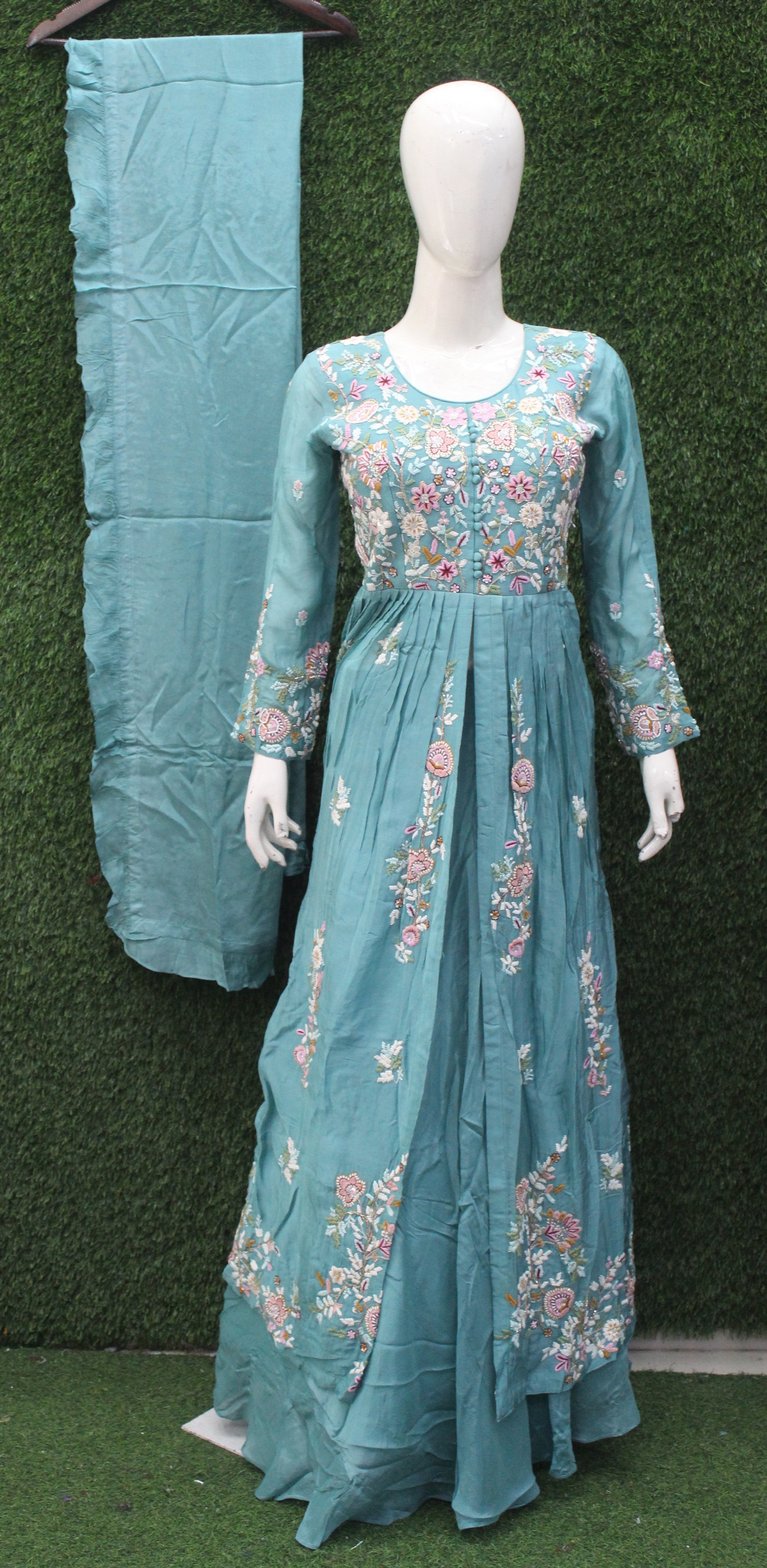 Aqua Blue Floral Embroidered Peplum Anarkali Chaniya Set
