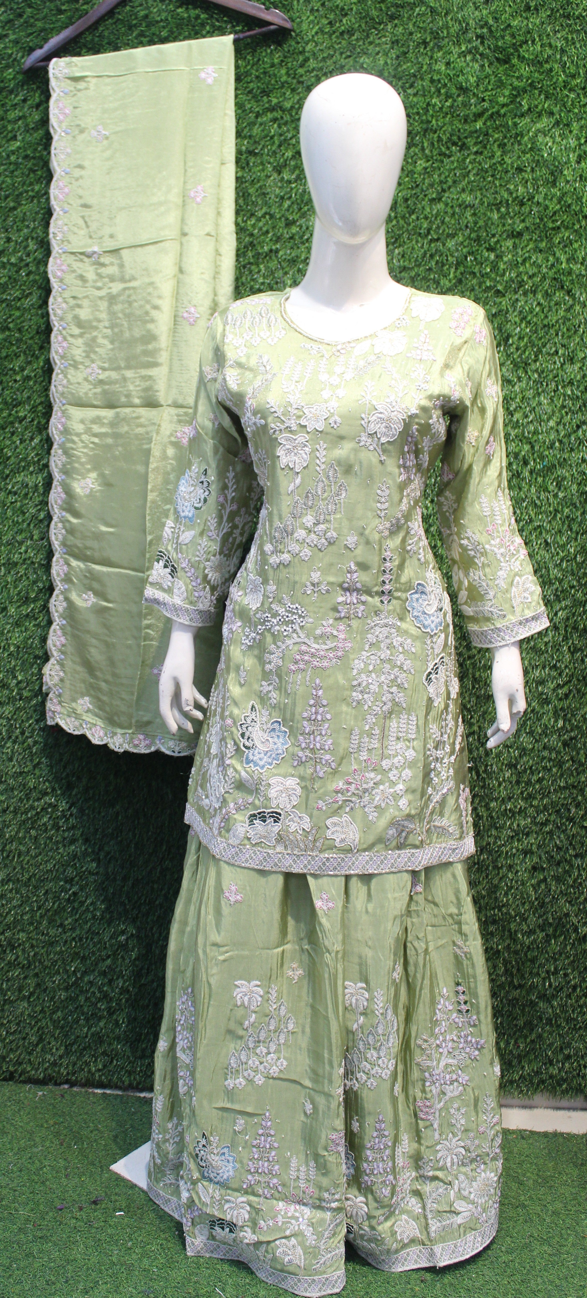 Pastel Green Heavy Embroidered Peplum Anarkali Chaniya Set