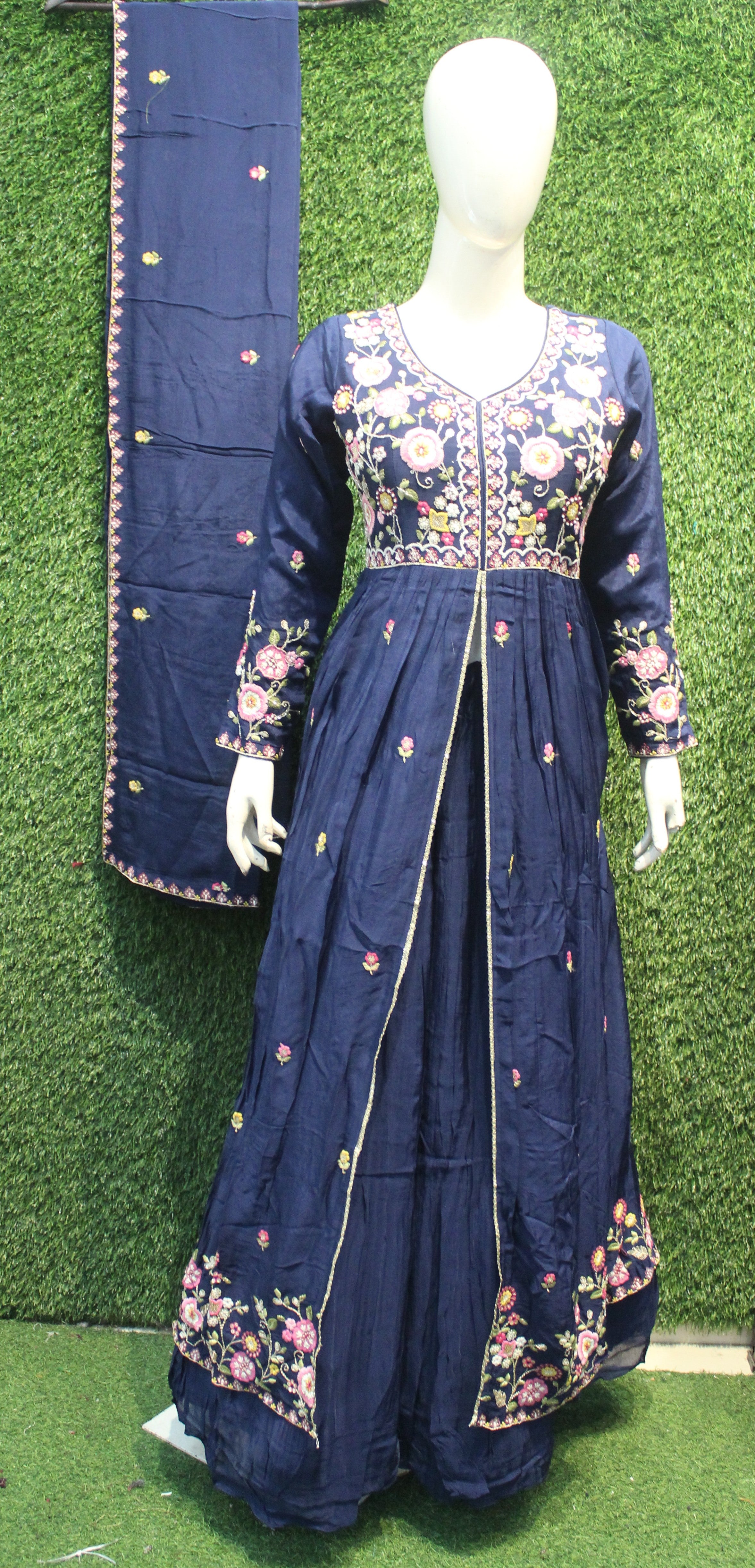 Navy Blue Floral Thread Embroidered Anarkali Chaniya Set