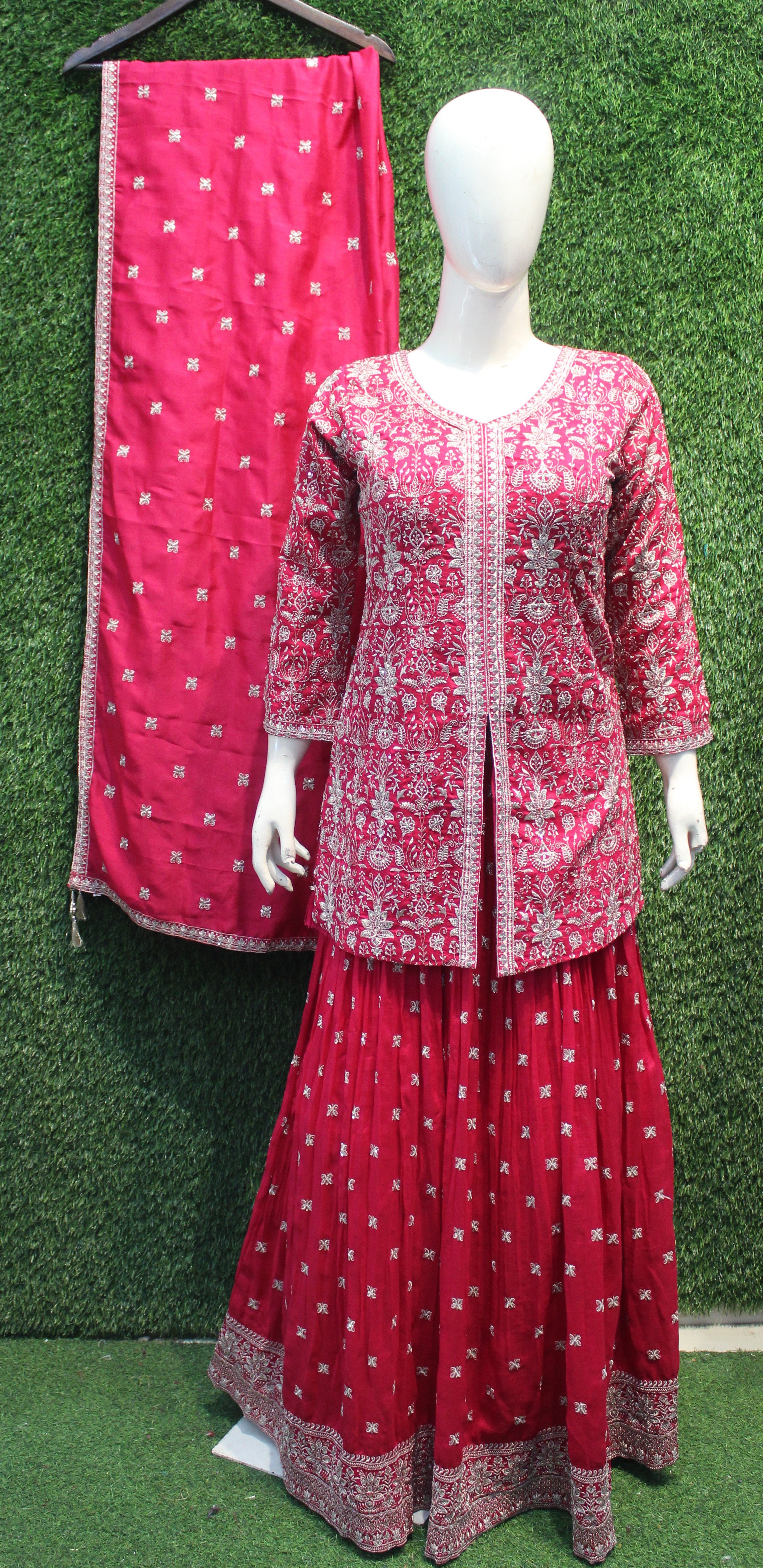 Rani Pink Heavy Thread Embroidered Peplum Chaniya Set