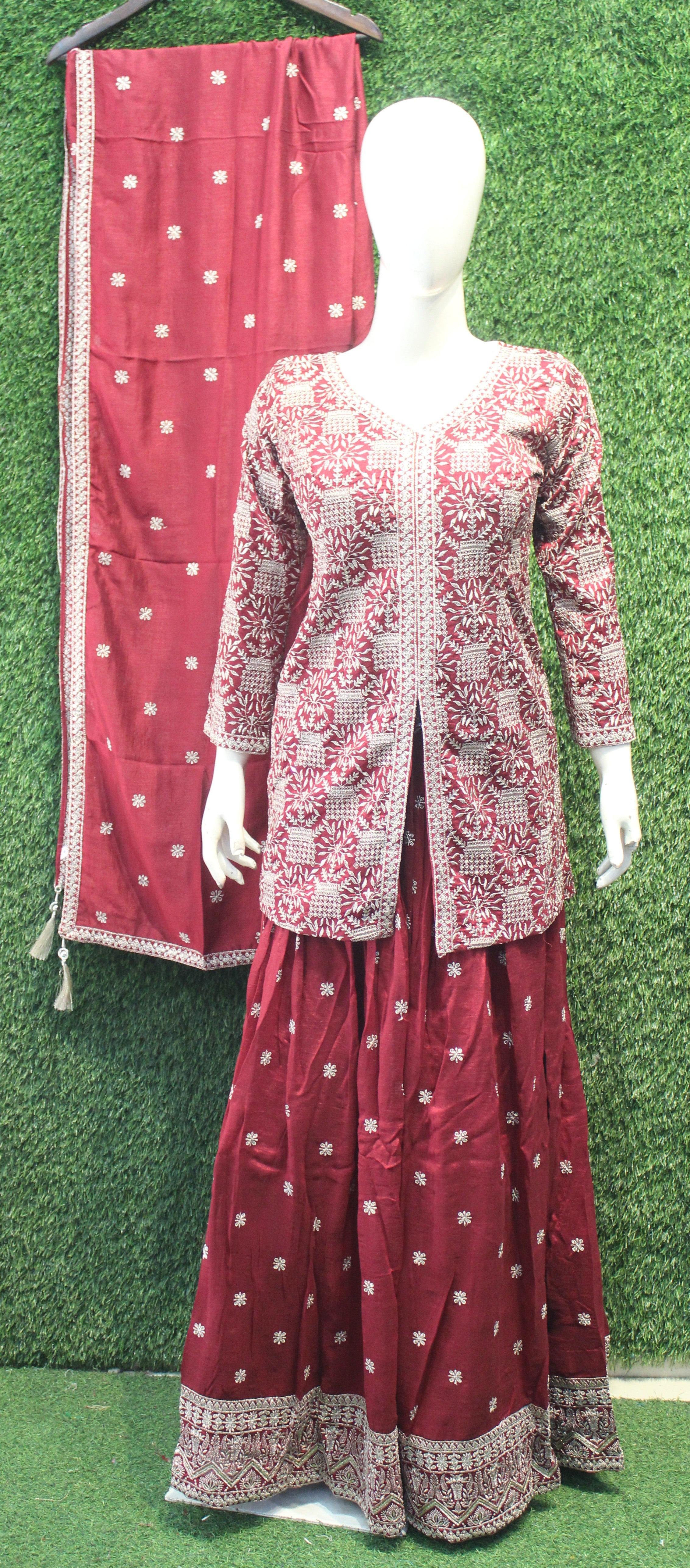 Maroon Heavy Thread Embroidered Peplum Chaniya Set