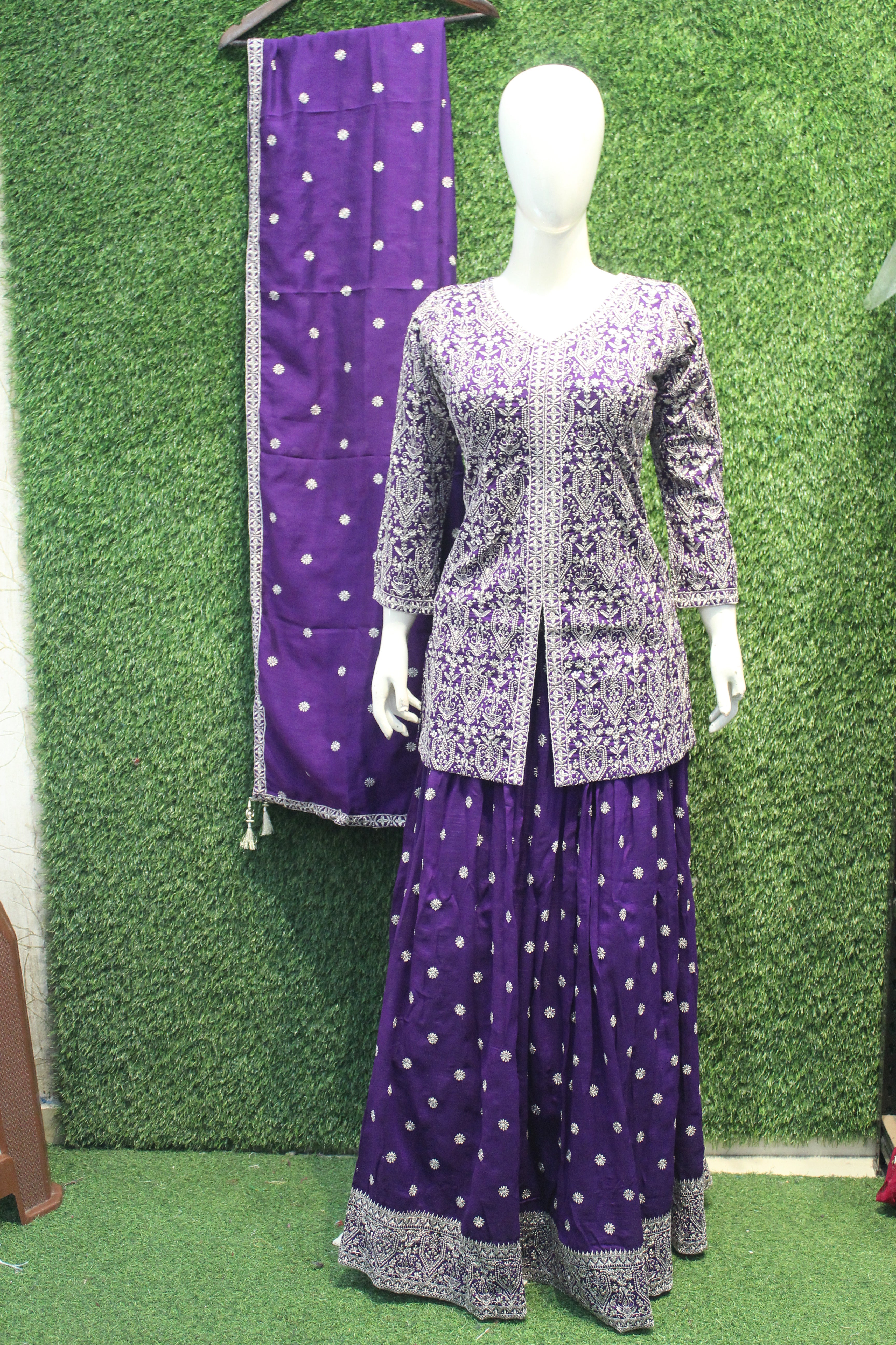 Purple Heavy Thread Embroidered Peplum Chaniya Set