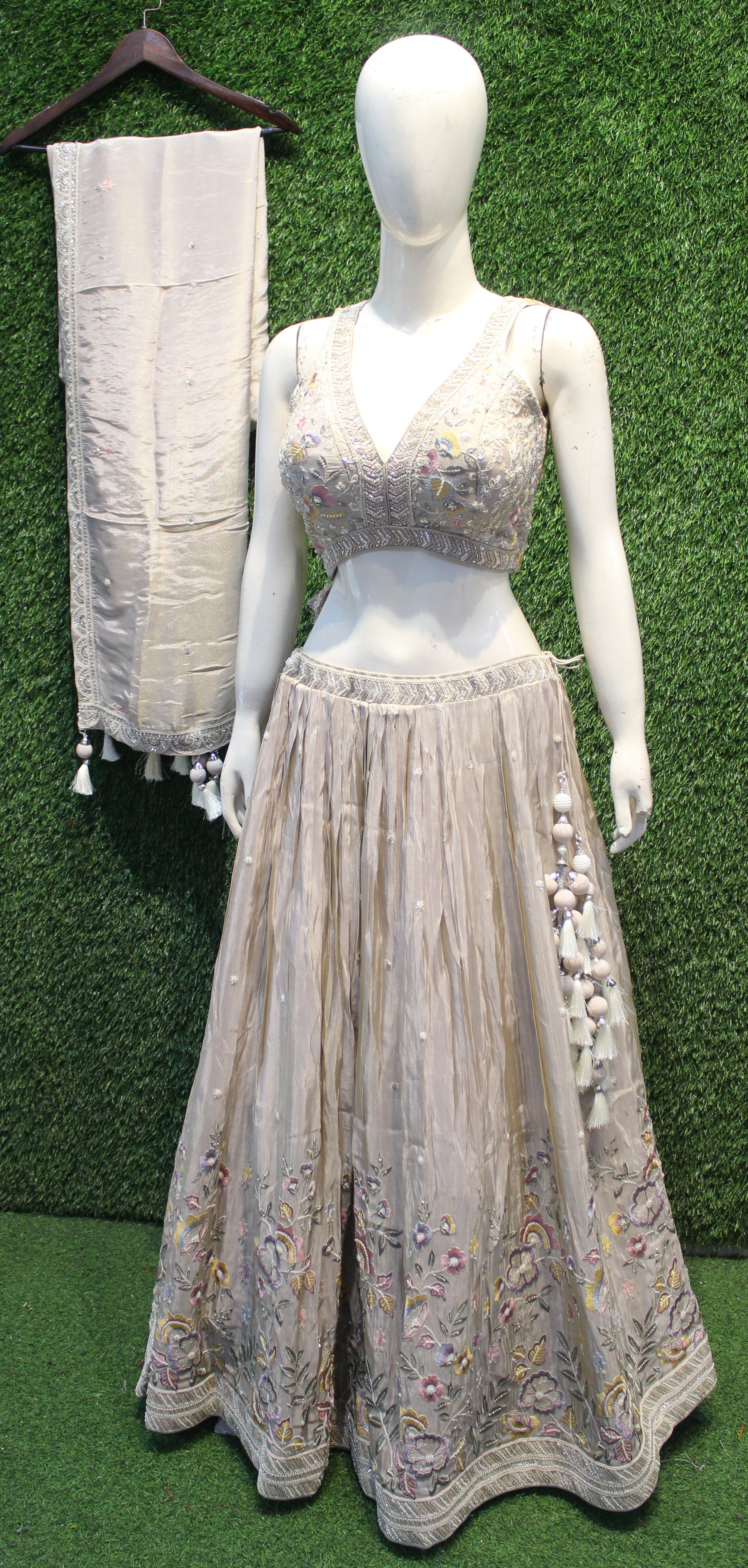 vory Hand-Embroidered Floral Lehenga with Heavy Work Blouse & Dupatta