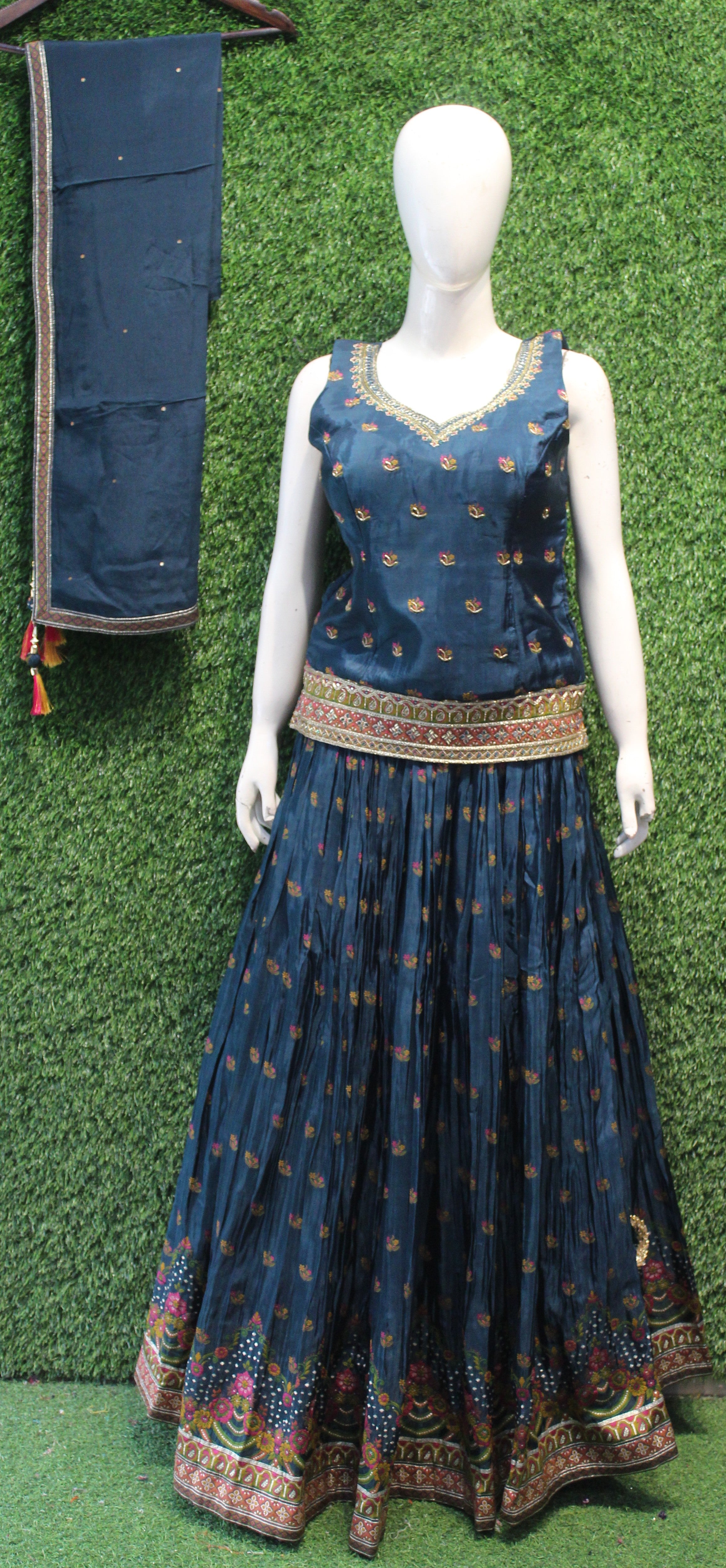 Navy Blue Embroidered Peplum Top with Flared Skirt Set