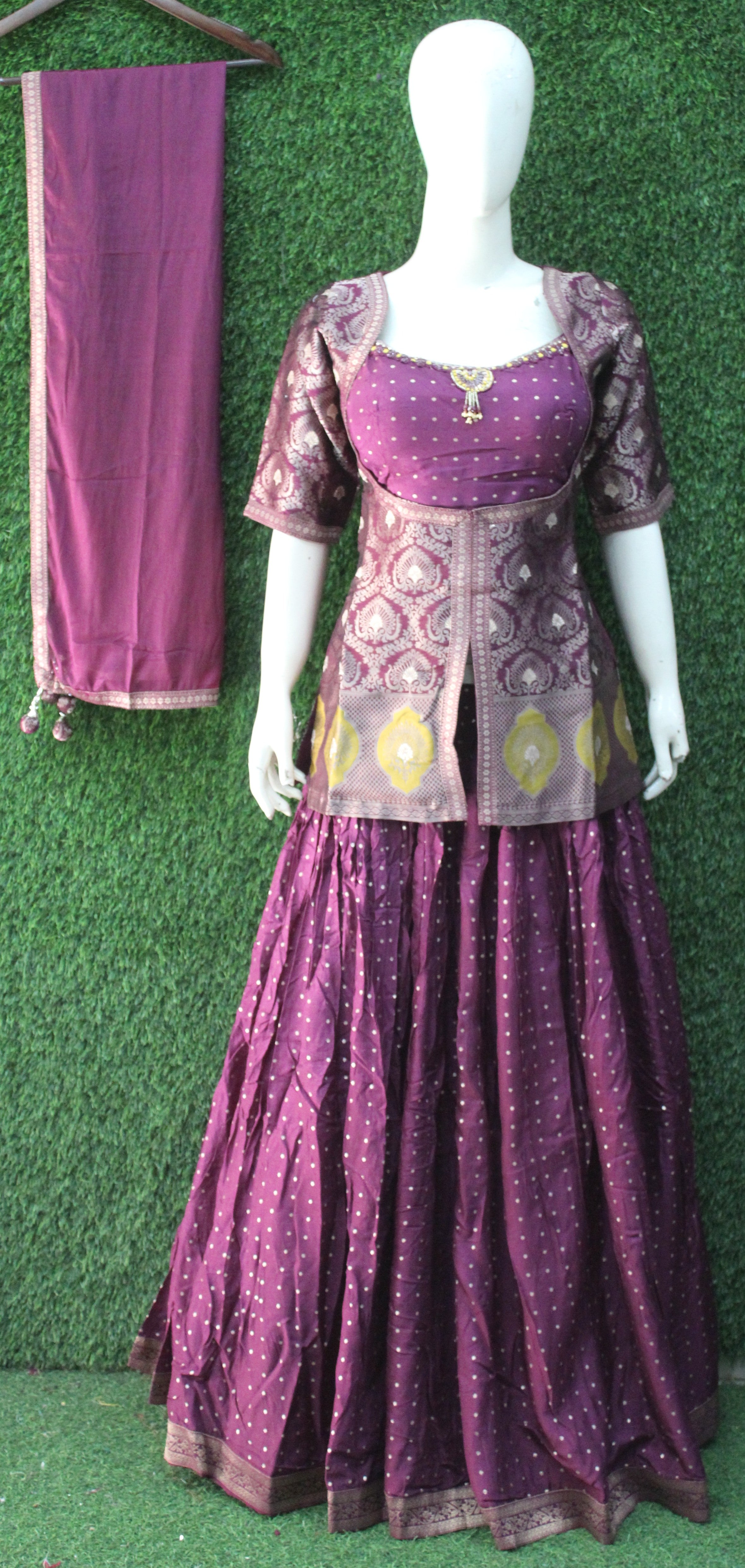 Wine Peplum Jacket Style Embroidered Lehenga Set