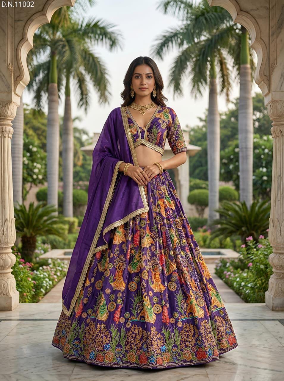 Designer Printed Silk Lehenga Choli with Embroidery & Dupatta for Festive & Wedding Wear