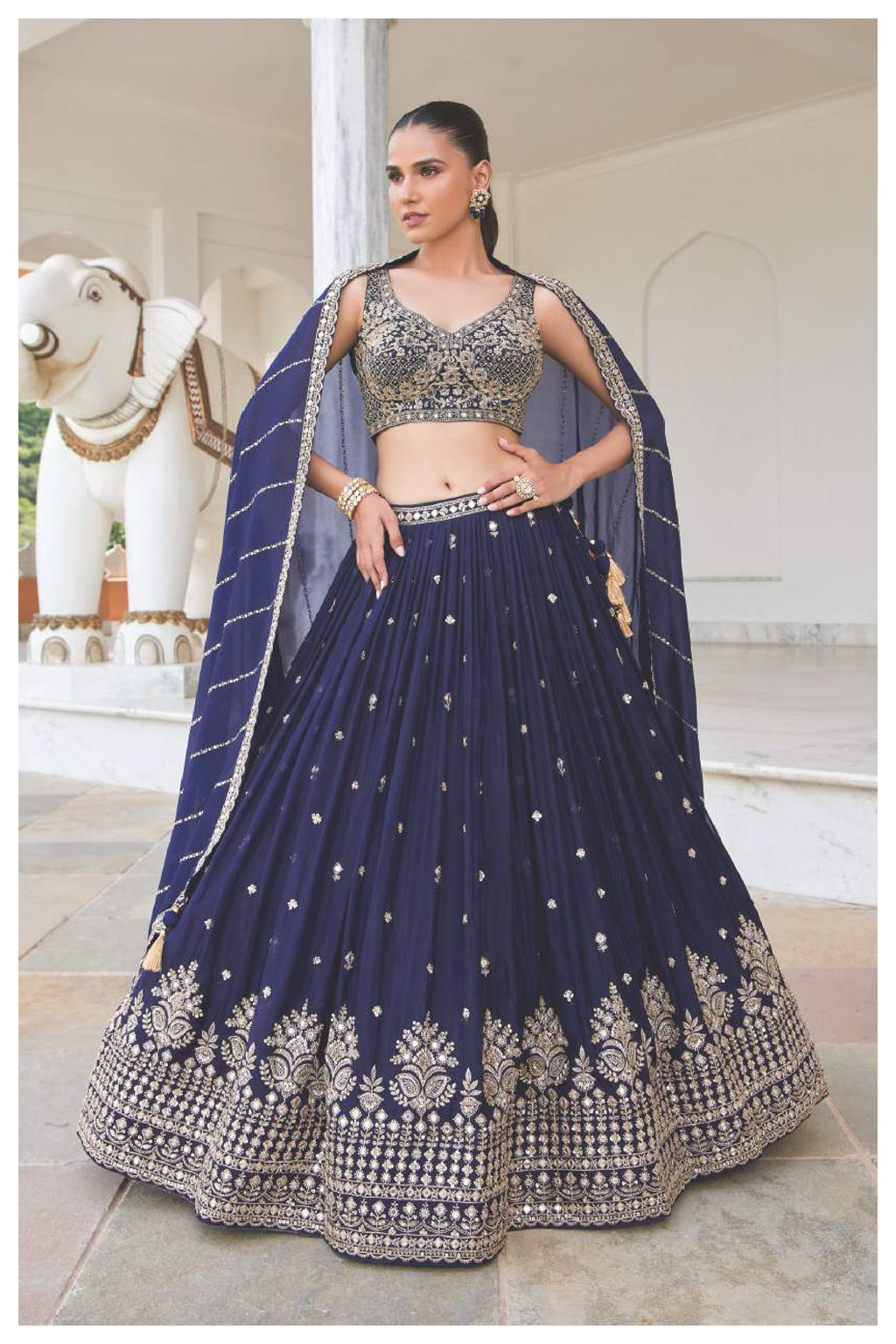 Midnight Blue Embroidered Lehenga Choli with Designer Blouse