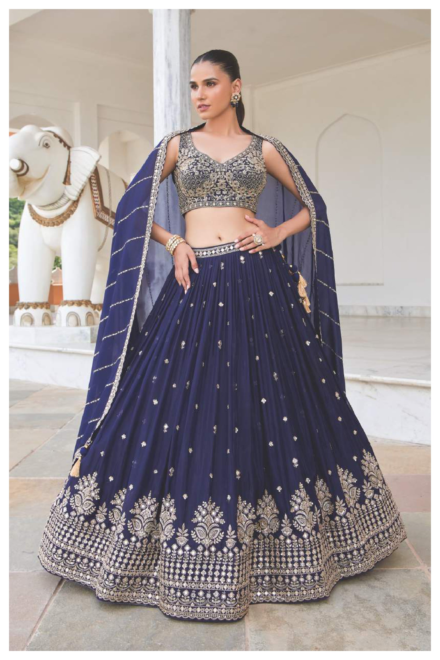 Midnight Blue Embroidered Lehenga Choli with Designer Blouse