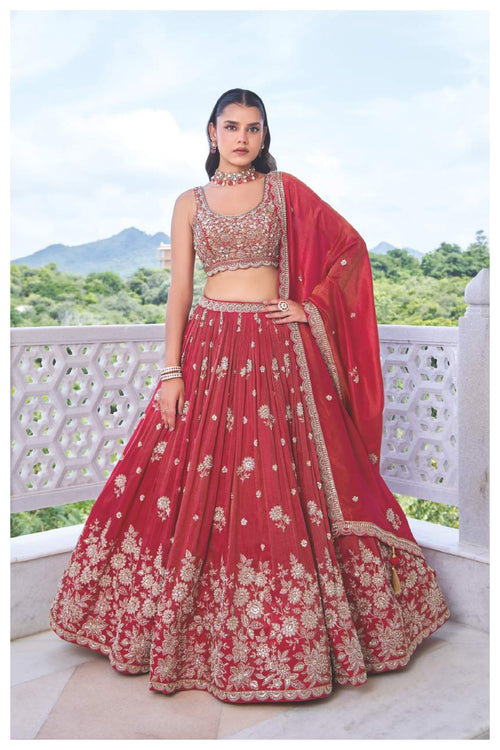 Crimson Red Embroidered Bridal Lehenga with Dupatta